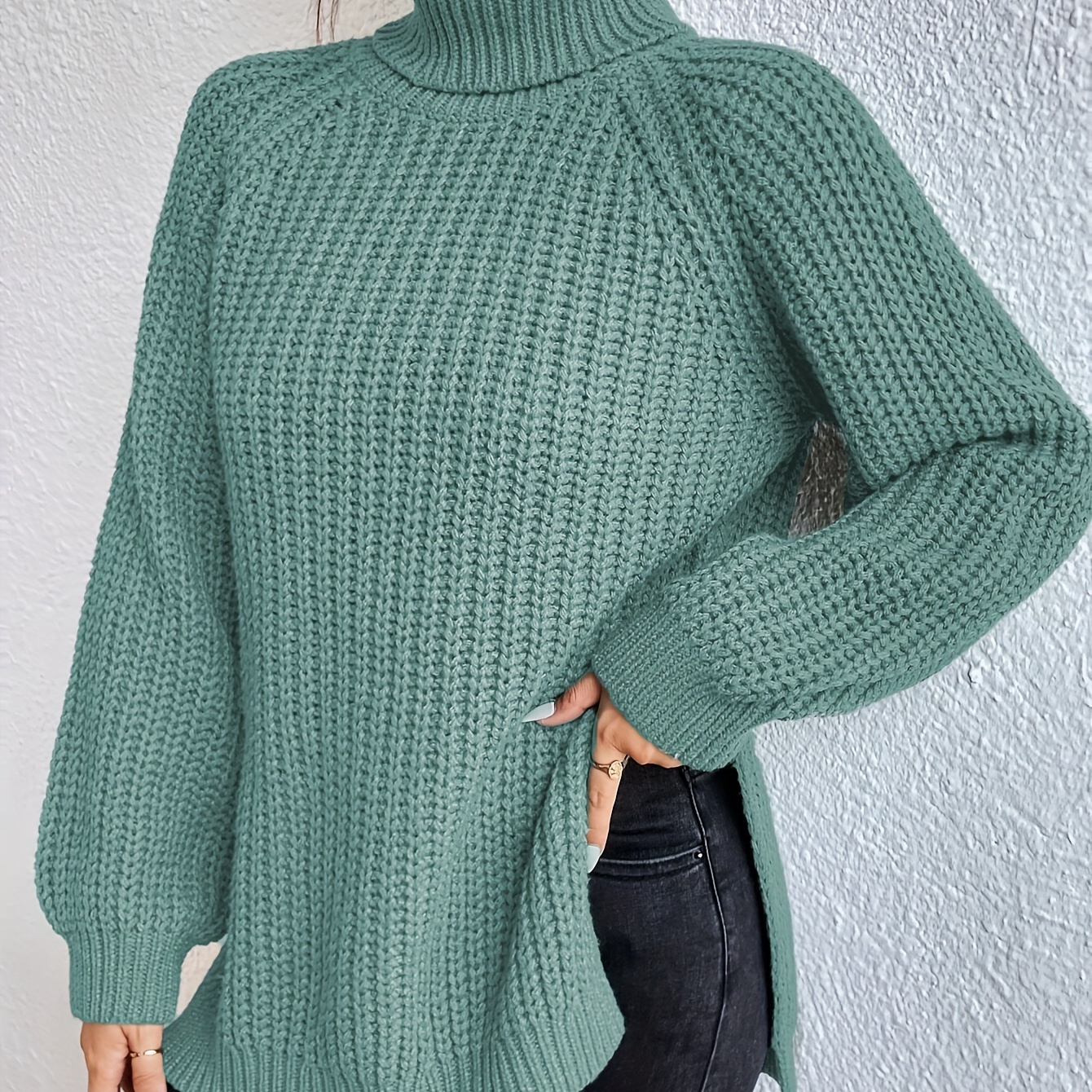 

Solid Color Turtle Neck Sweater, Casual Long Raglan Sleeve Split Hem Sweater For Fall & Winter, Women's Clothing