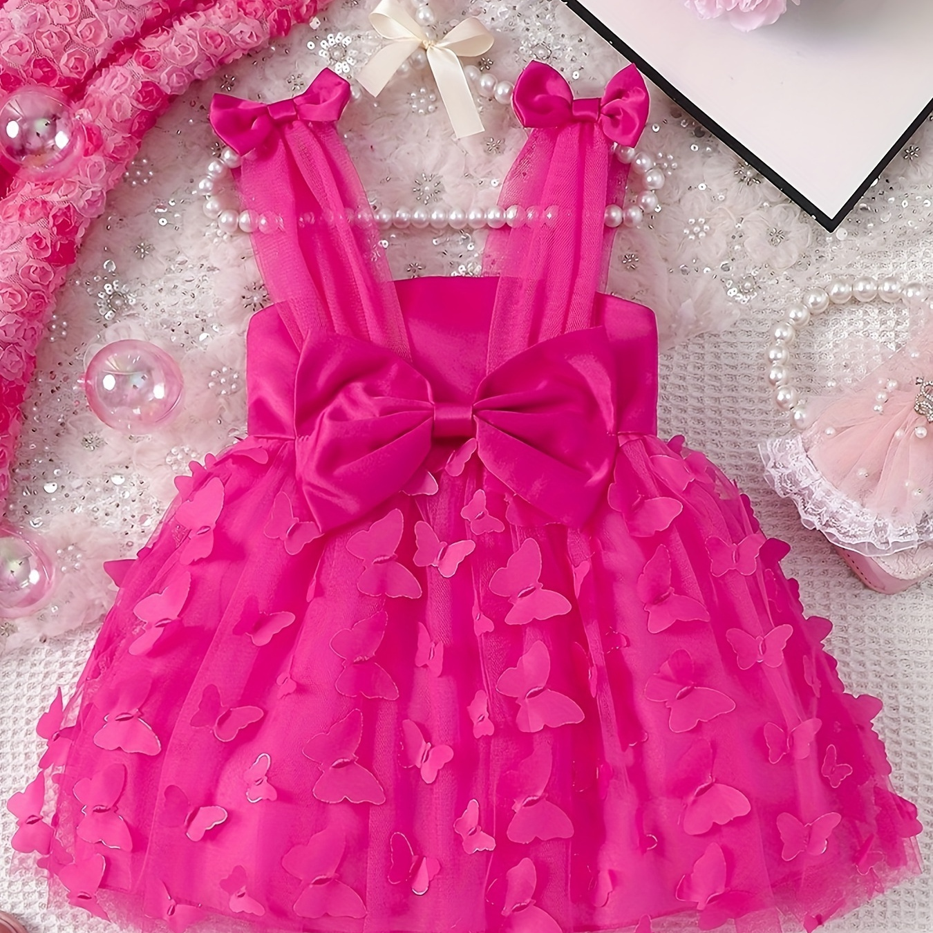 

Baby's Elegant Butterfly Applique Mesh Dress, Bowknot Decor Sleeveless Dress, Infant & Toddler Girl's Clothing For Summer/spring, As Gift