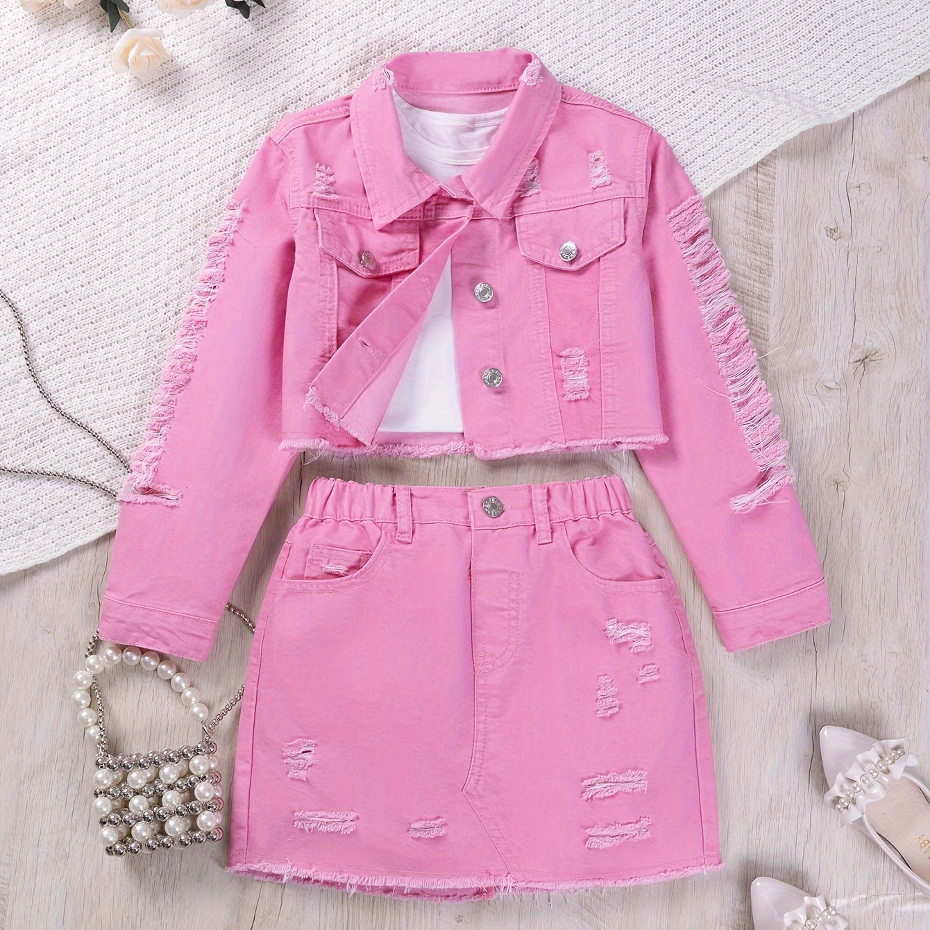 

Girl's 1 Set Ripped Jean Jacket Top + Skirt Co-ords Set, Comfy & Fashion Girls Spring/ Summer Outfit