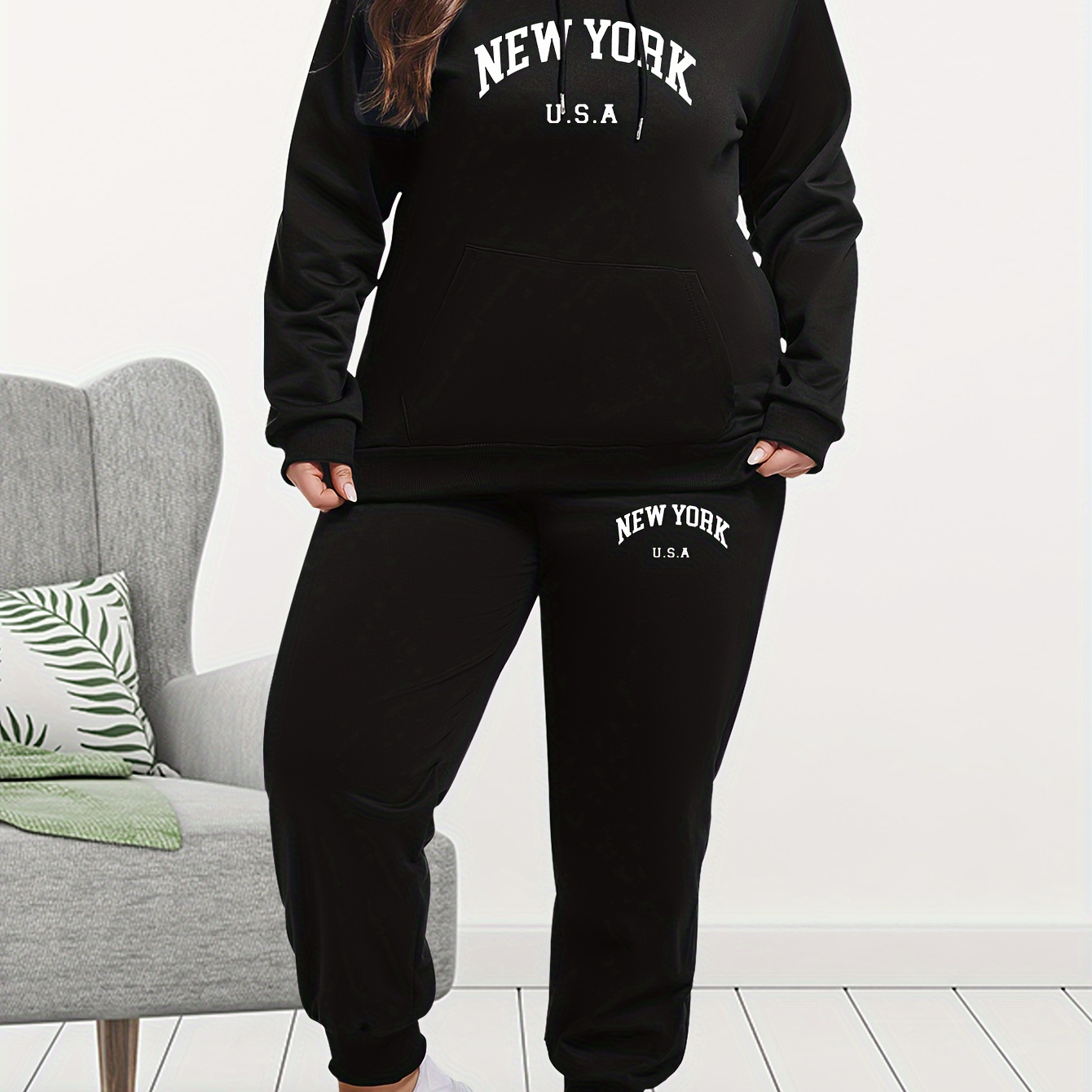 

Plus Size Hooded Tracksuit Set - 100% Polyester Casual Knit Co-ords With Pockets, Print, Drawstring Hoodie And Sweatpants With Slight Stretch