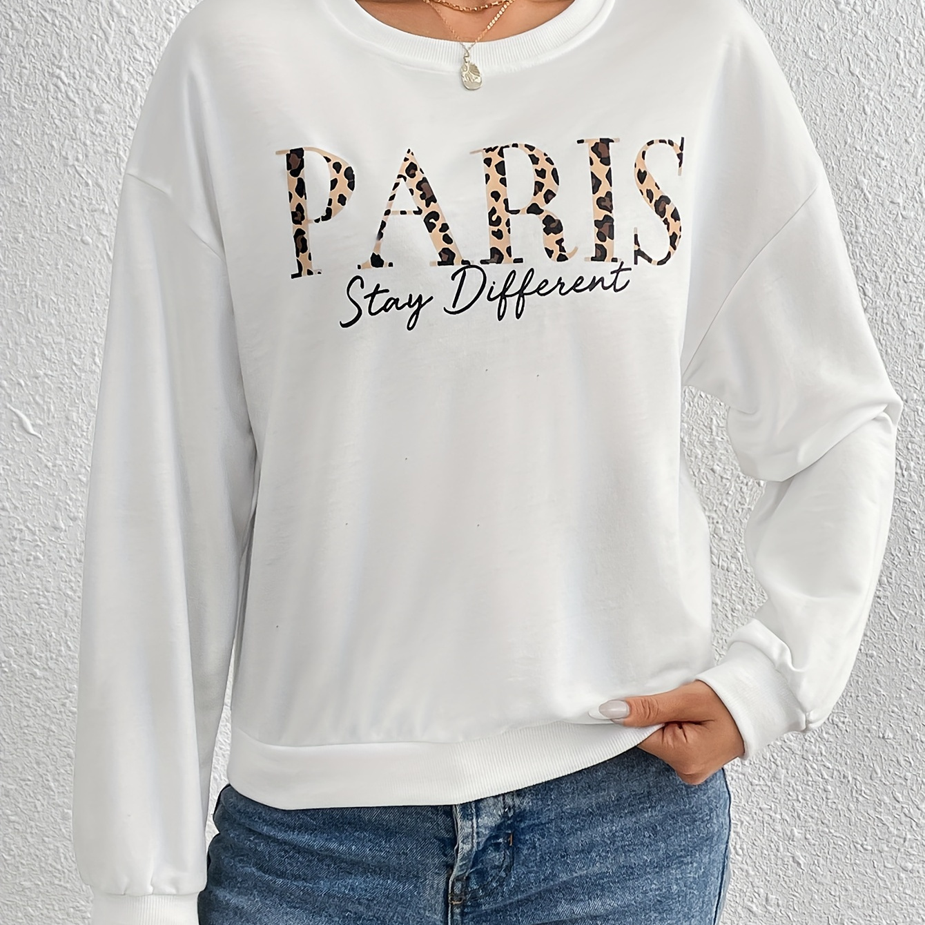 

Paris Letter Print Crew Neck Sweatshirt, Casual Long Sleeve Drop Shoulder Sweatshirt, Women's Clothing