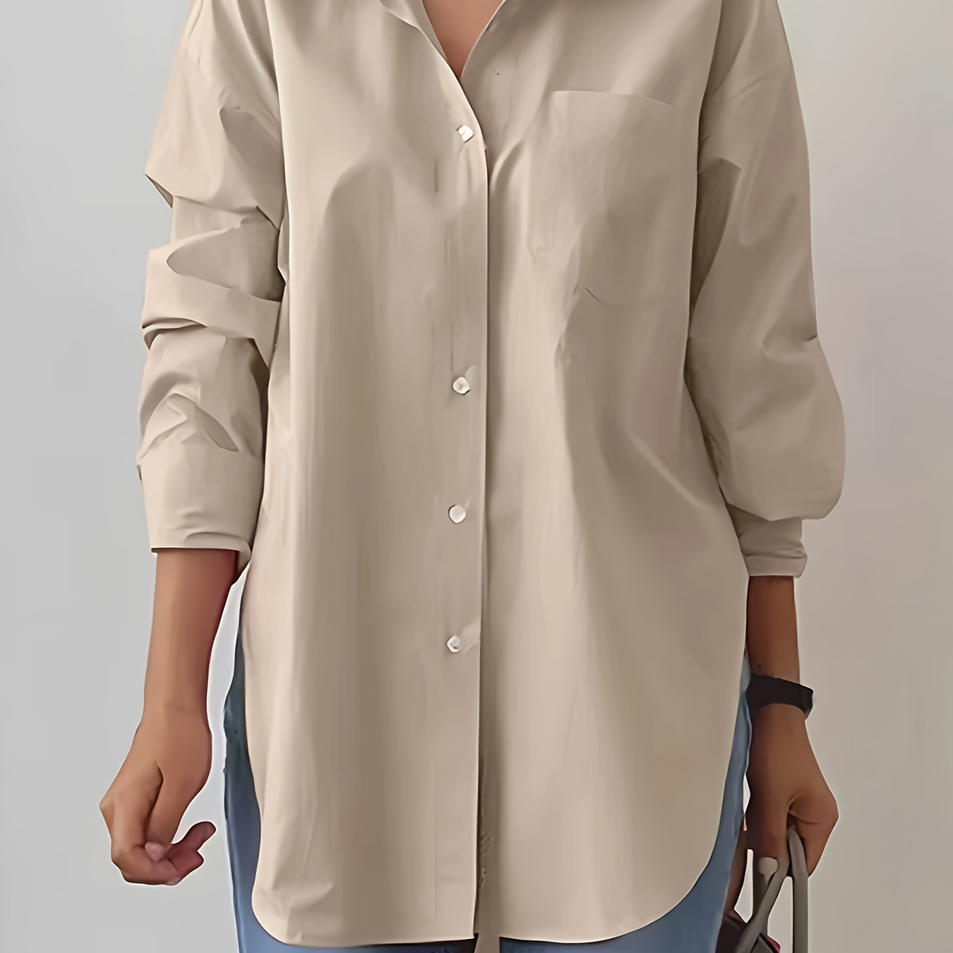 

Plain Button Front Minimalist Shirt, Casual Long Sleeve Curved Hem Shirt For Spring & Fall, Women's Clothing