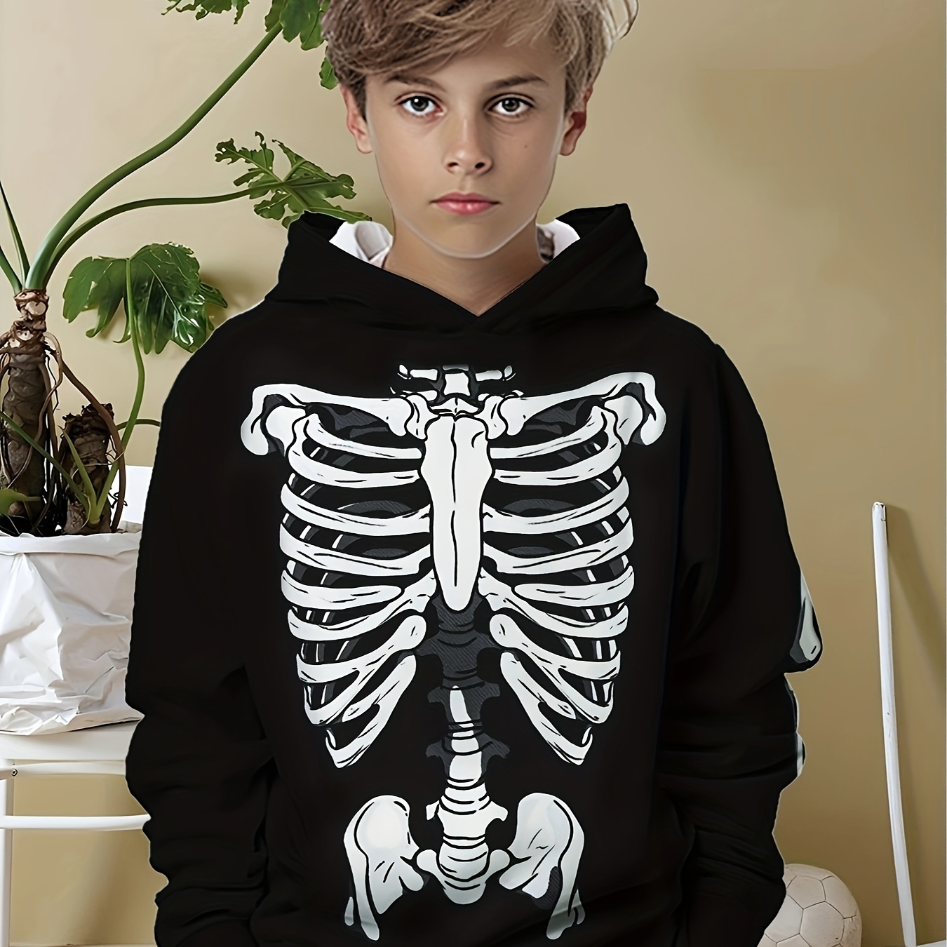 

Boys' Skeleton Print Hoodie - Casual Polyester Spandex Blend Pullover With Long Sleeves, Slight Stretch, Knit Fabric - Comfortable Hooded Sweatshirt For Kids, Suitable For Spring/fall Season