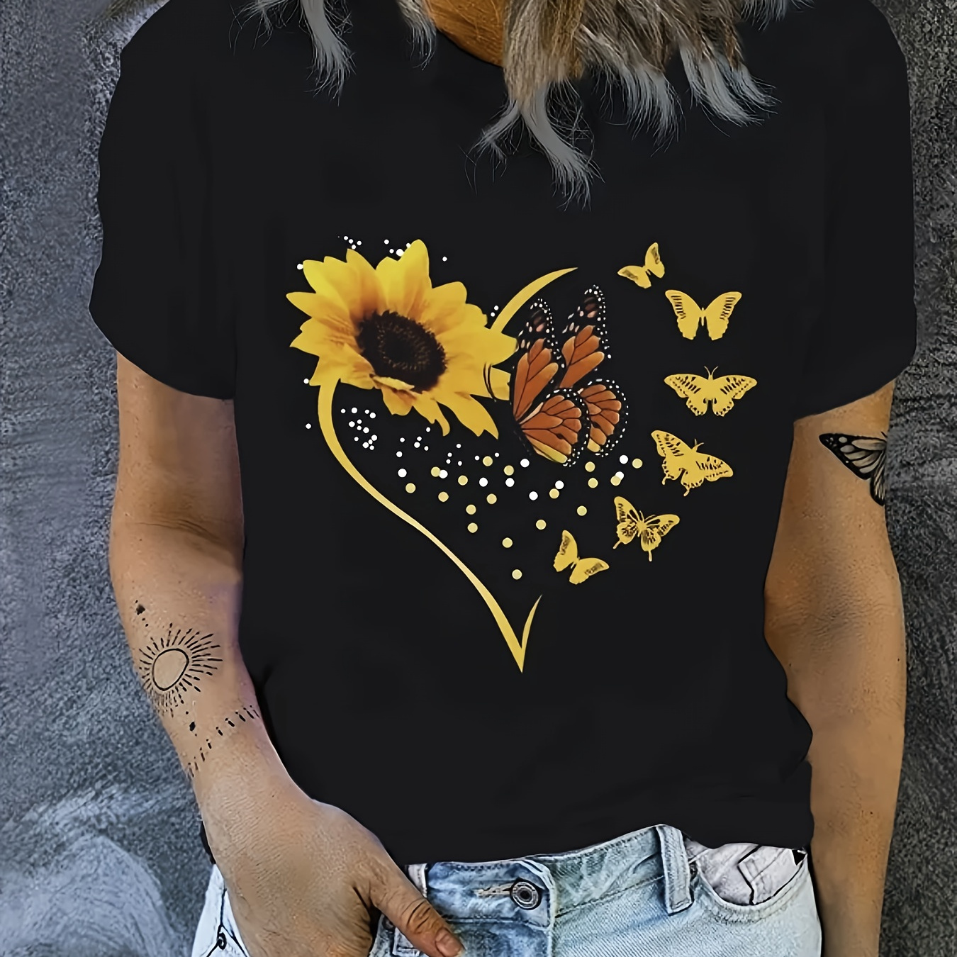 

Sunflower & Butterflies Print Crew Neck T-shirt, Casual Short Sleeve T-shirt For Spring & Summer, Women's Clothing