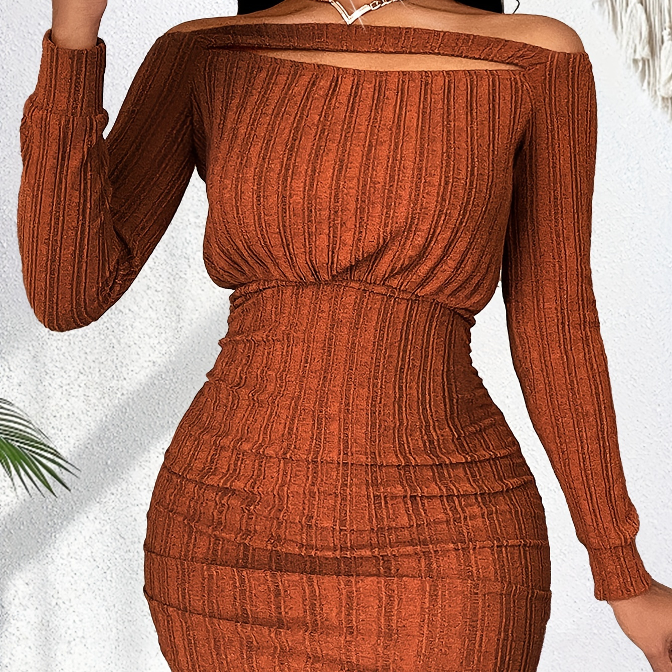 

Ribbed Off Shoulder Cinched Waist Dress, Elegant Bodycon Cut Out Long Sleeve Dress For Spring & Fall, Women's Clothing