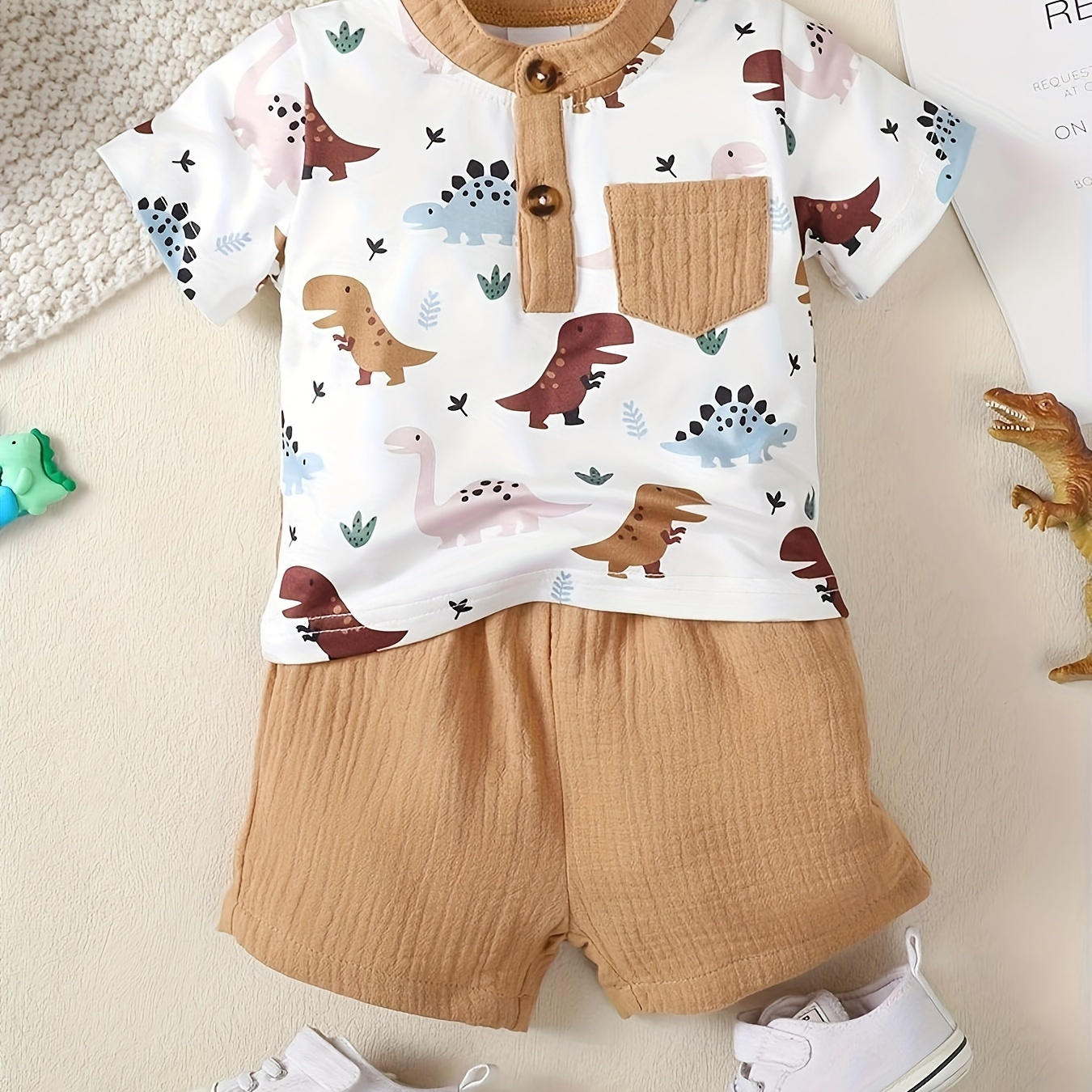

2pcs Toddler Boys Summer Casual Set - Dinosaur Print Short Sleeve Shirt With Stand Collar + Solid Color Shorts Outfit - Regular Fit - Breathable - Kids Fashion