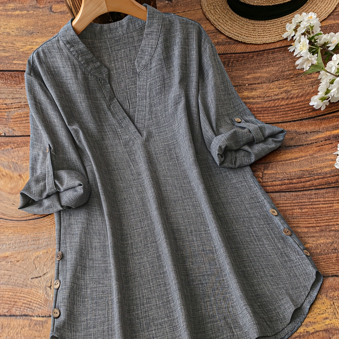 

Size V-neck Long Sleeve Blouse With Decorative Buttons, Polyester Spandex , Solid Color, Machine Washable - Top For Women