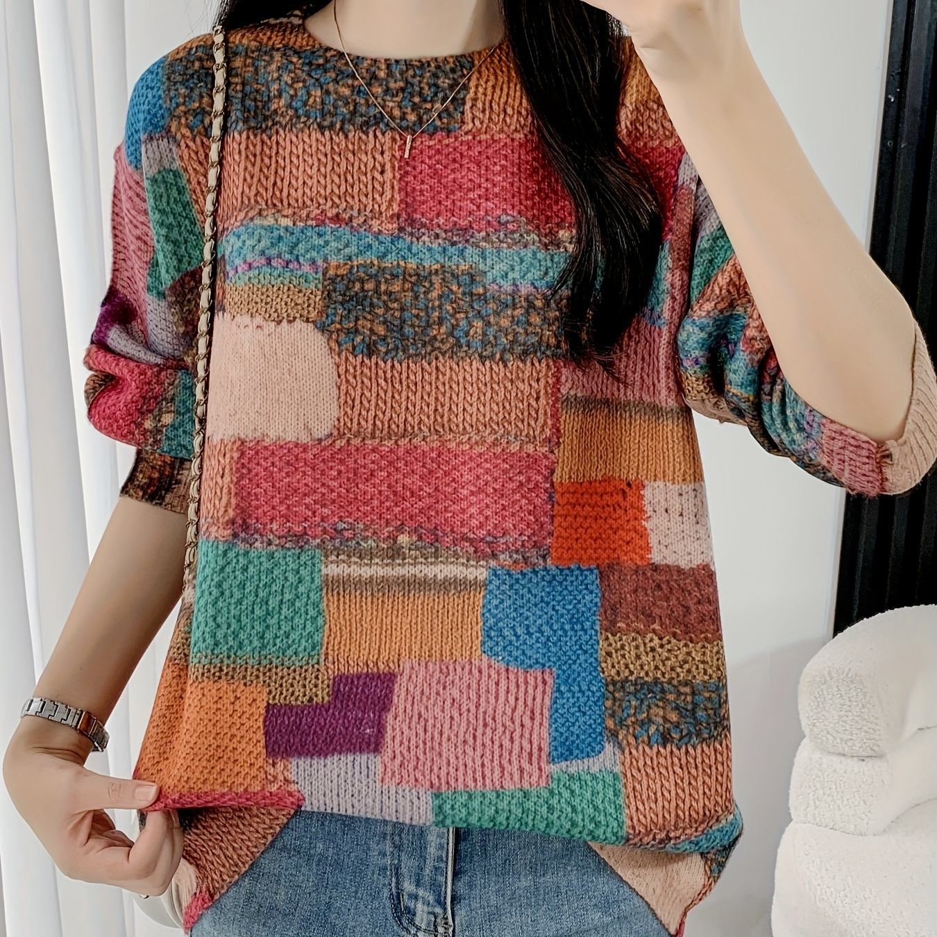 

Pull à manches longues à col rond vintage avec motif à carreaux colorés pour l'automne et l'hiver, vêtement pour femmes