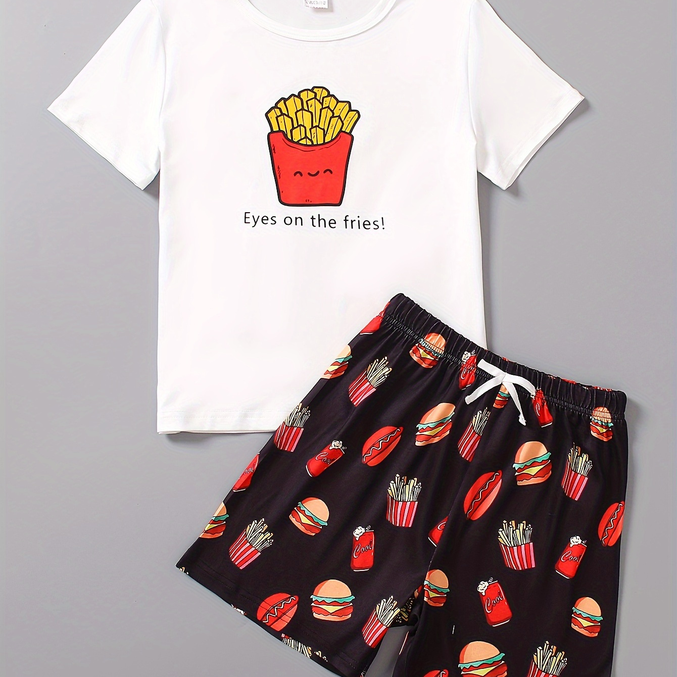 

2 Pcs Boy's French Fries And Alphabet Print Short Sleeve T-shirts & Elastic Shorts Pajama Set, Comfortable & Skin-friendly Style Pajamas For Boy's Cozy Loungewear
