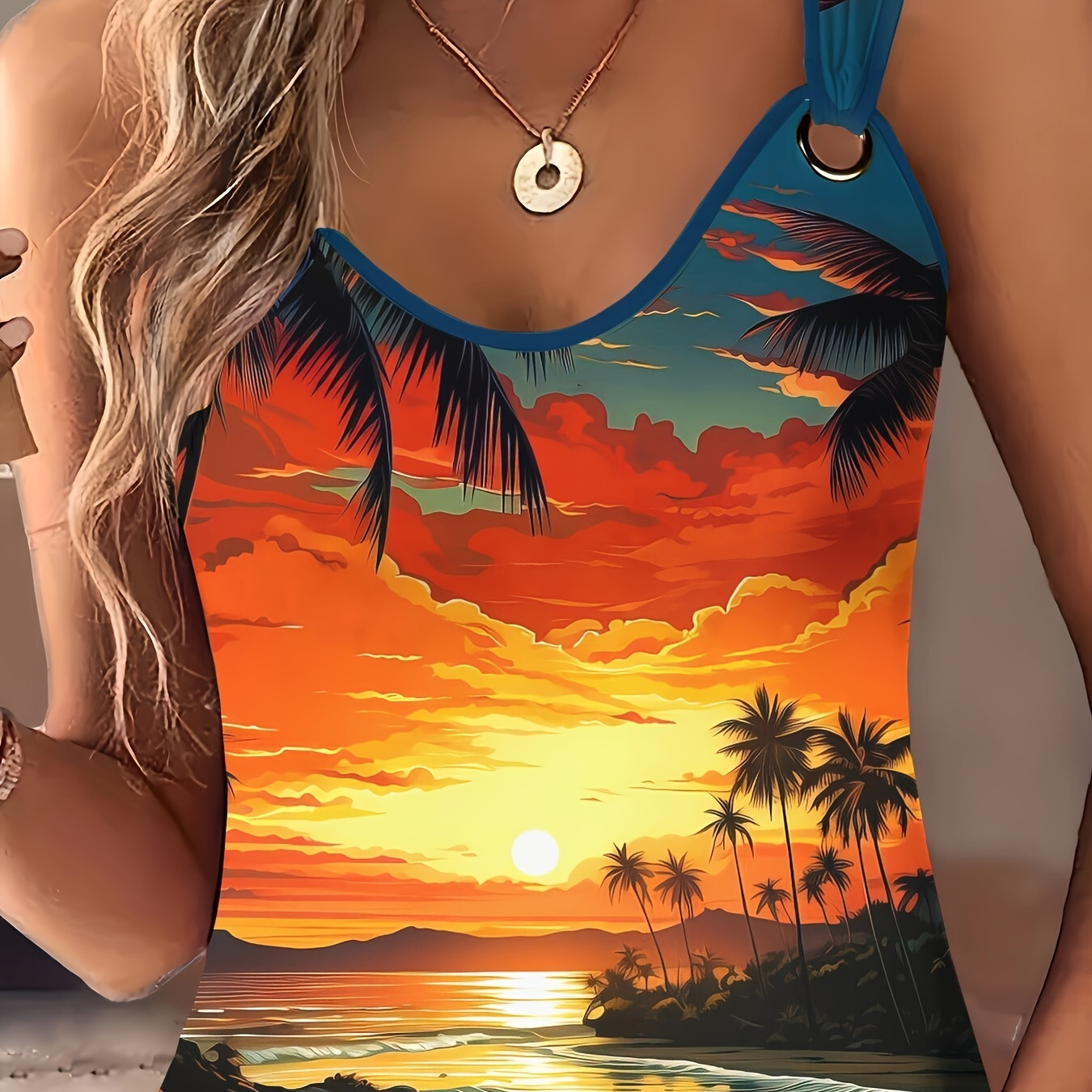 

Sunset Print Scoop Neck Tank Top, Casual Ring Sleeveless Tank Top For Spring & Summer, Women's Clothing