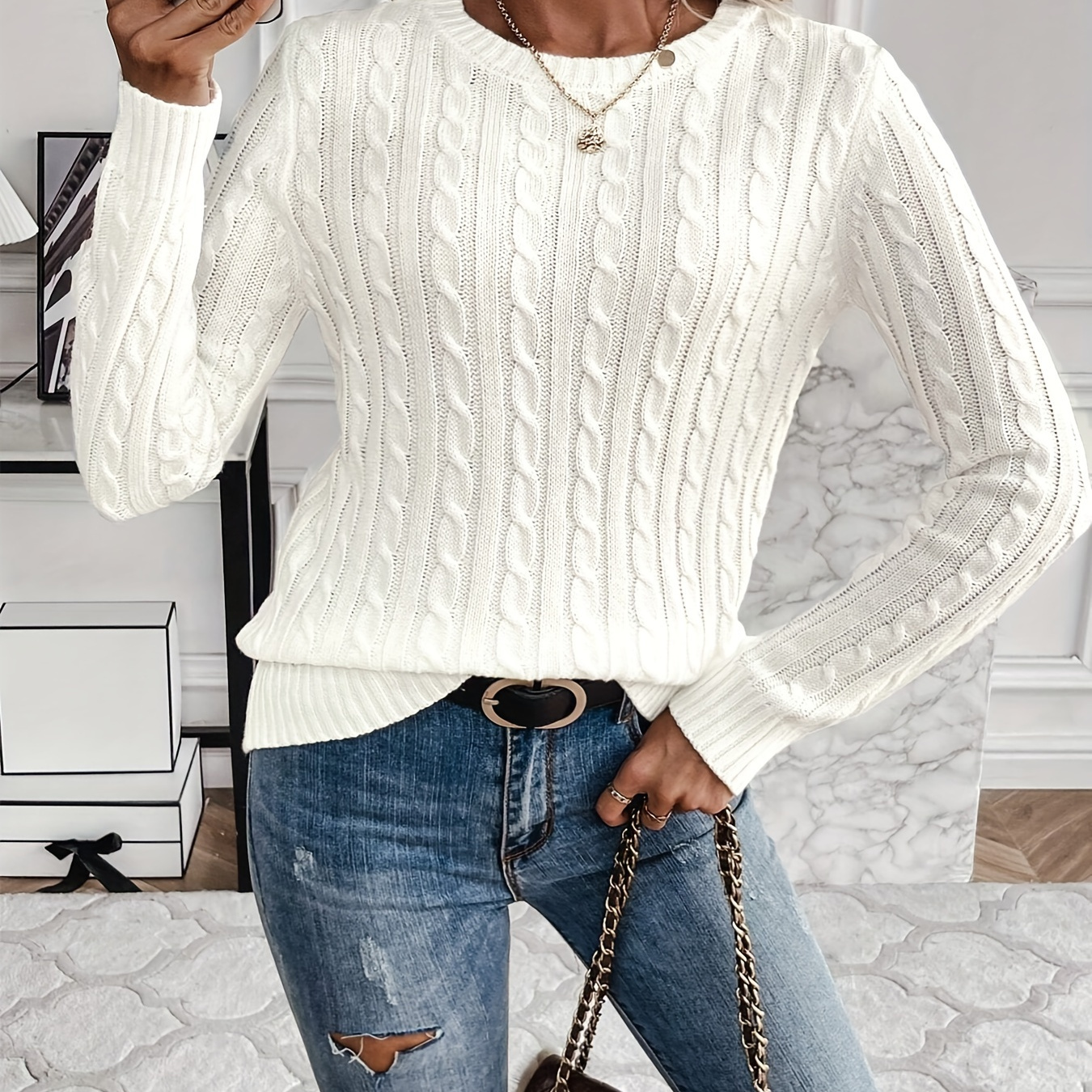 

Cable Knit Crew Neck Sweater, Elegant Long Sleeve Simple Knit Top For Fall & Winter, Women's Clothing