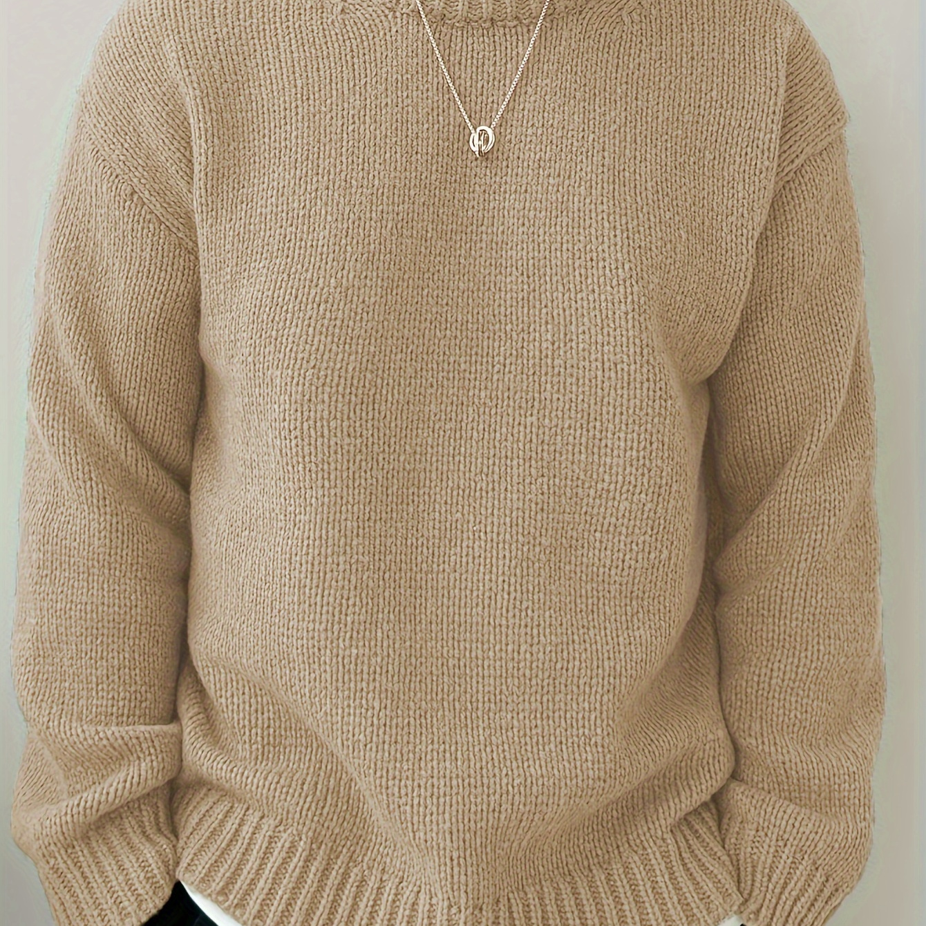 

Men's Casual Solid Color Knit Sweater - Long Sleeve, Round Neck, Soft Polyester Blend, Light Beige, Fall/winter Layering, Cute Sweaters