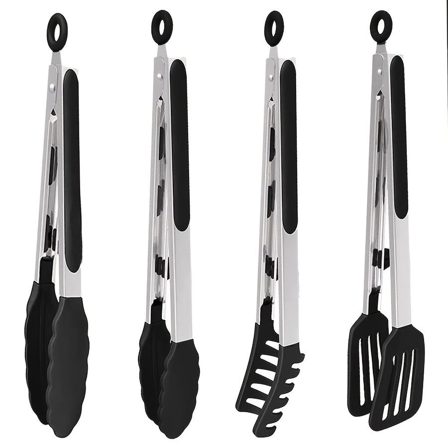 

4pcs, Multifunctional Stainless Steel And Silicone Serving Tongs For Barbecue, Fruit, Bread, Steak, Salad, And Dessert - Non-slip And Durable Kitchen Tools