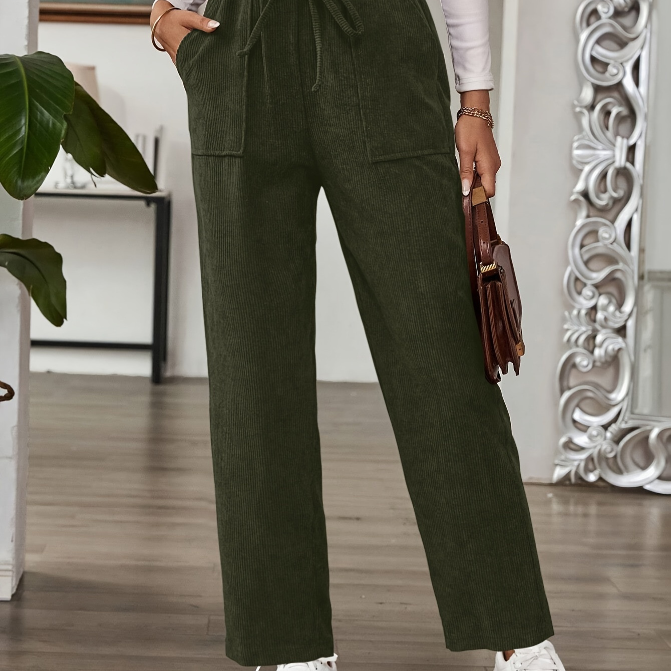 

Chic Solid Color Corduroy Pants For Women - Stretchy Polyester & Spandex , Machine Washable, Straight Leg With Drawstring Detail