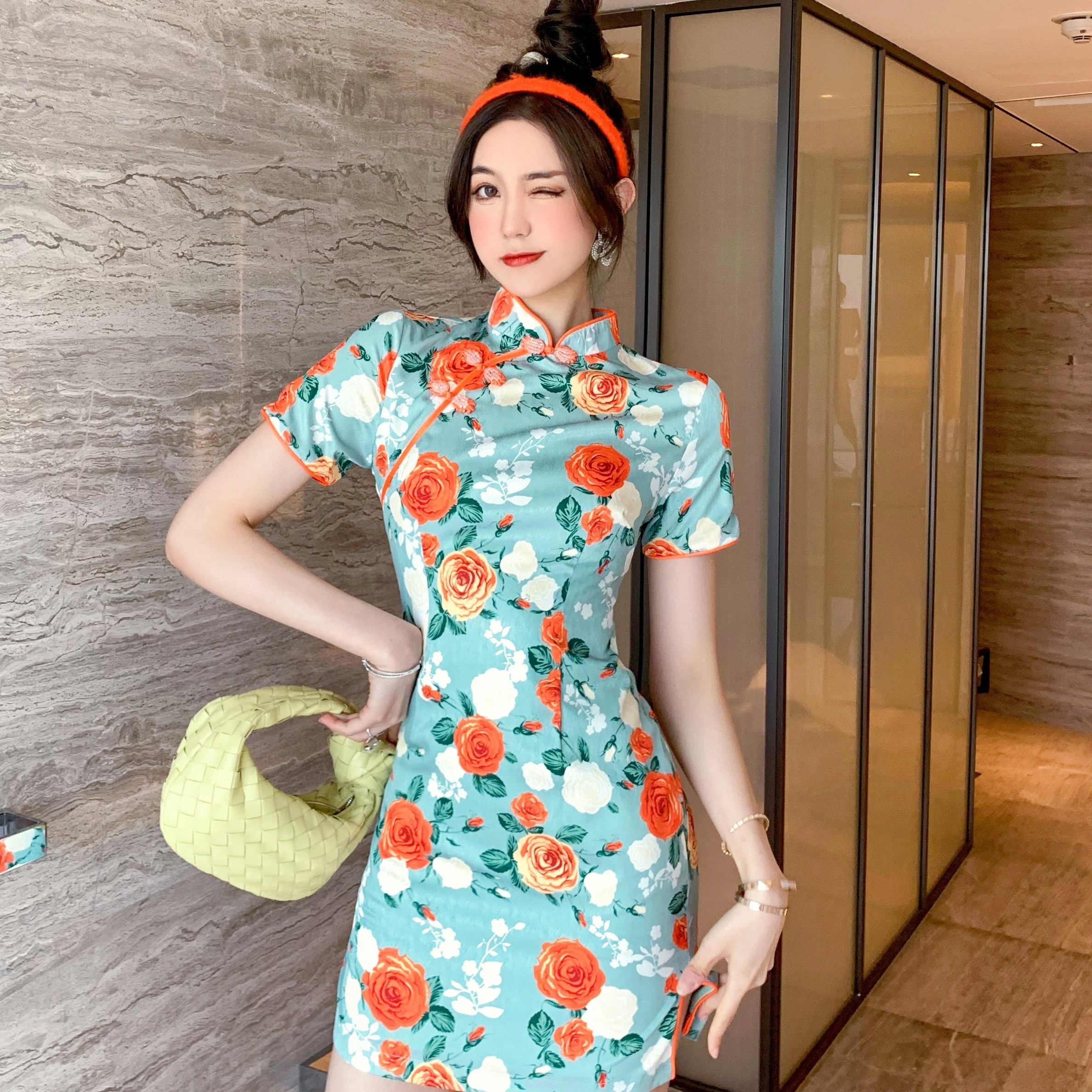 Improved Qipao Cheongsam Dress Short Sleeve Random Print - Temu