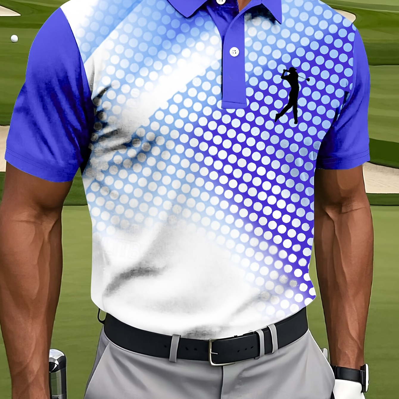 Men'S Golf Polo Shirt, Fashionable Blue And White Gradient Pattern, Suitable for Outdoor Activities