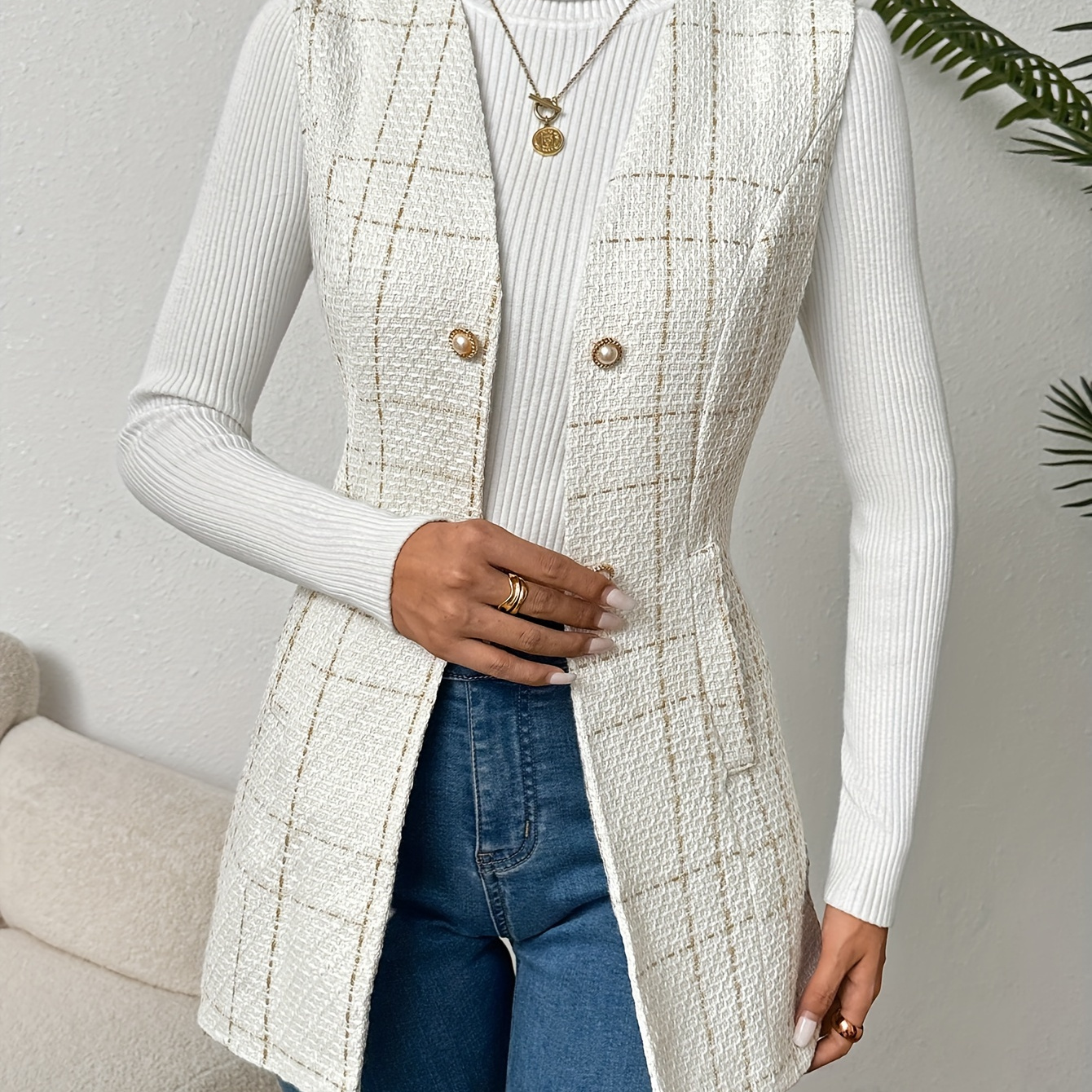 

Gilet Long à Carreaux Élégant pour Femmes, Toute - Chic Ouvert sur le Devant, Vêtement d'Extérieur Manches avec Détail de Bouton, Lavable en Machine