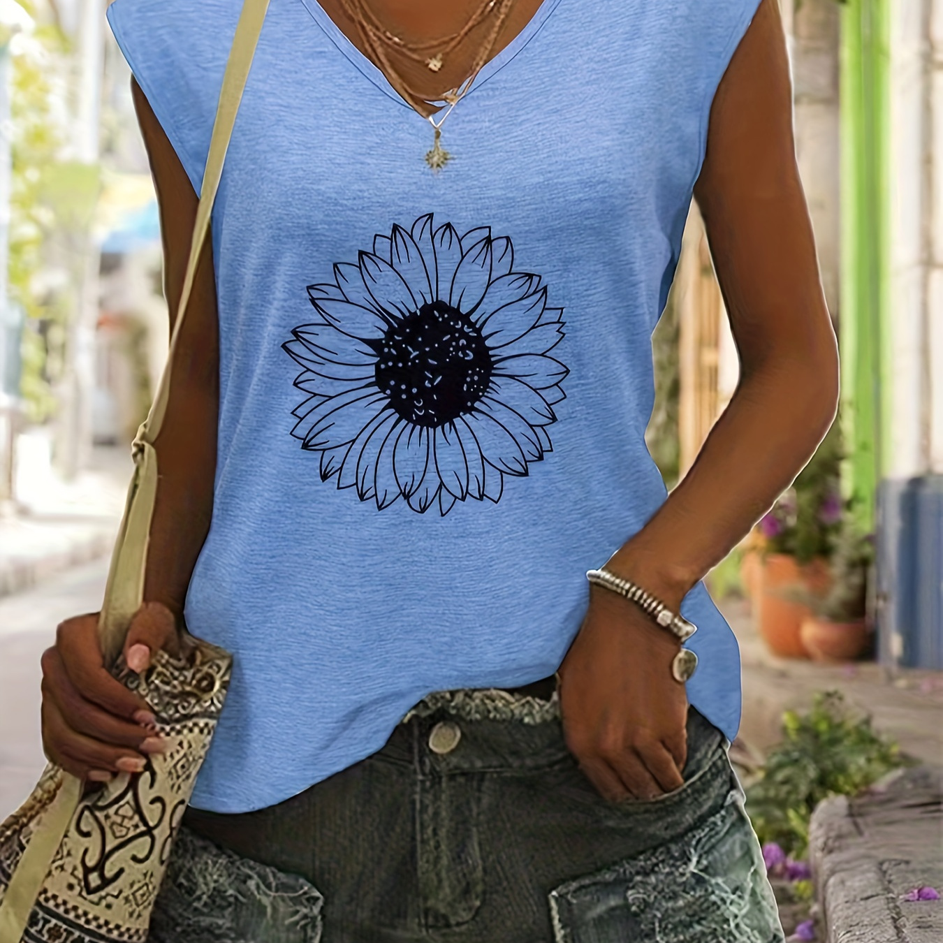 

Sunflower Print V Neck Tank Top, Casual Sleeveless Tank Top For Summer, Women's Clothing