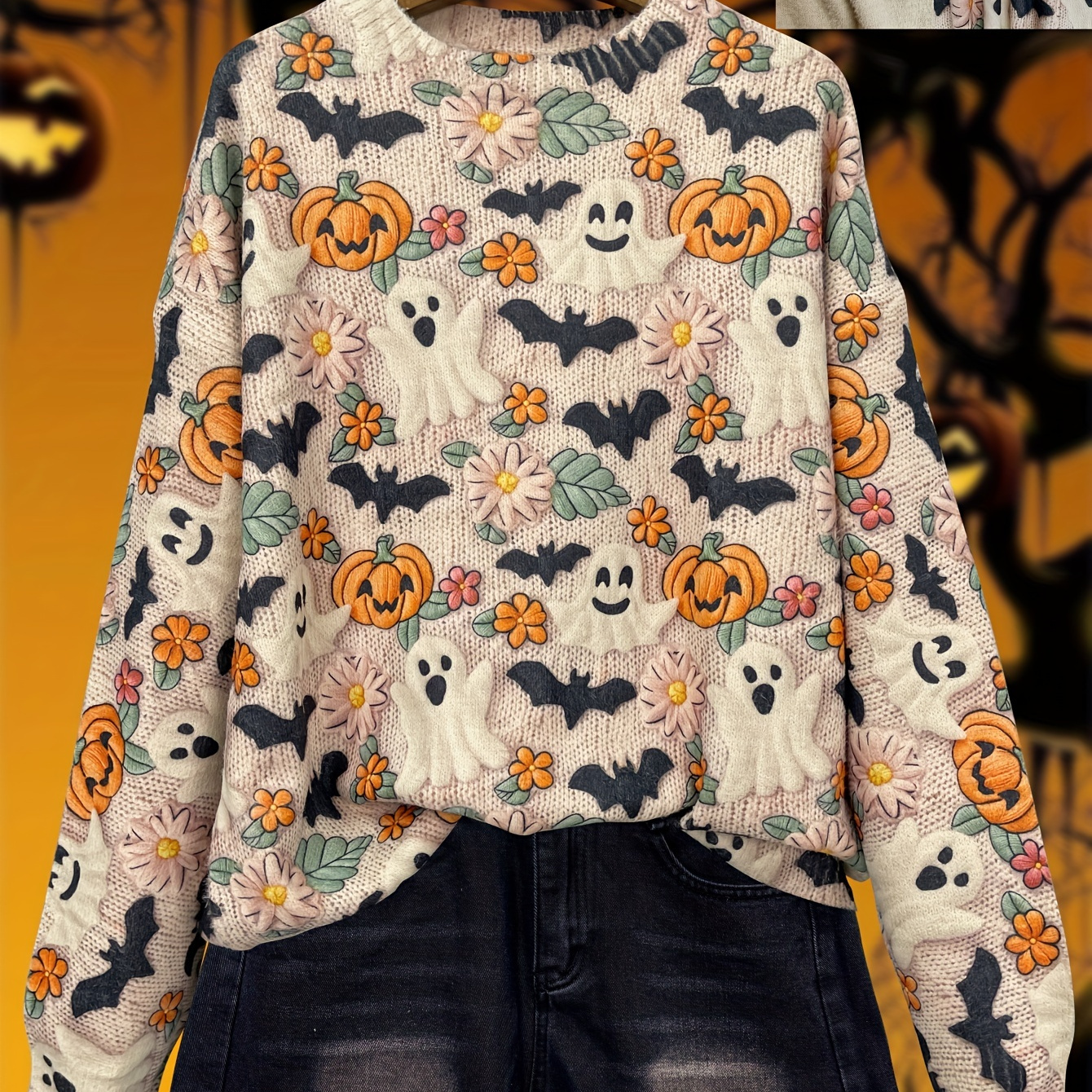 

Cozy Plus Size Sweater For Women - Cute, Pumpkin & Bat Print | Knit, Long Sleeve, Round Neck Pullover