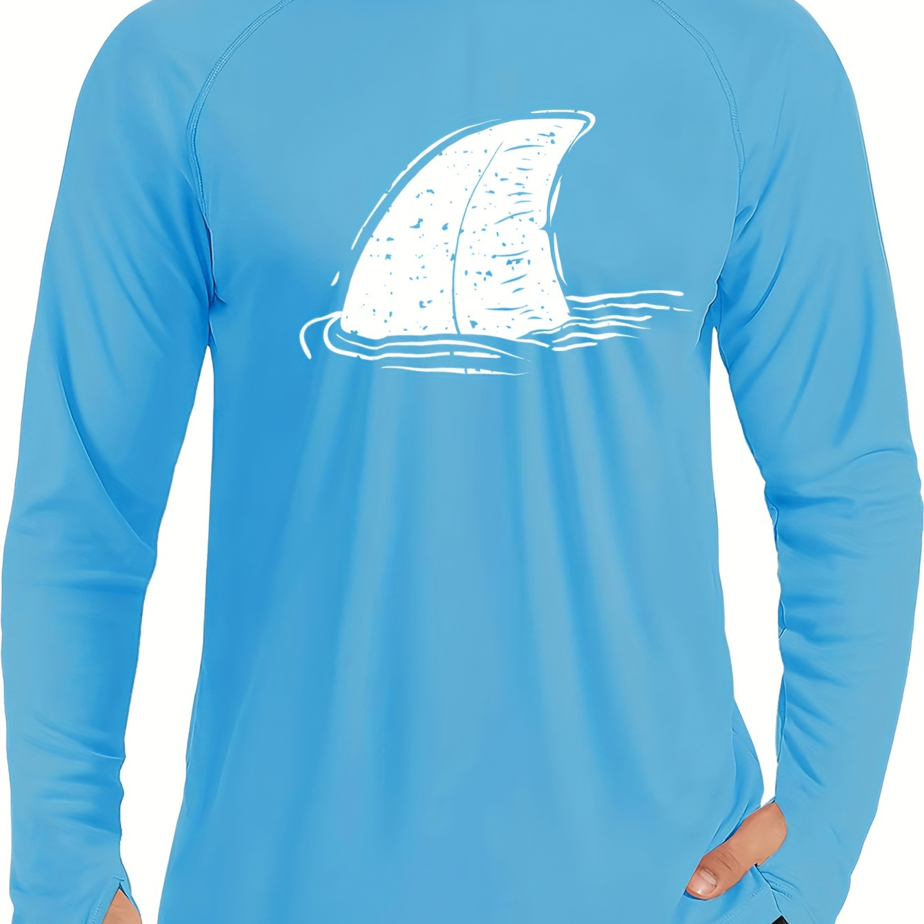 

Men's Shark Fin Print Hooded Sunscreen, Long Sleeve Comfortable Quick-drying Top For Men's Outdoor Fishing Activities