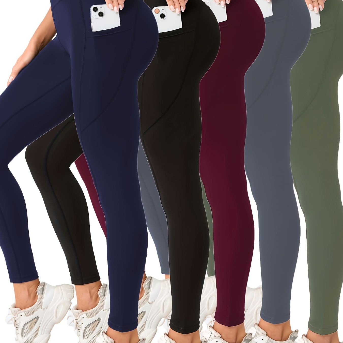 

5-pack Women's High-waist Tummy Control Yoga Leggings With Pockets - Full-length Solid Pants, Indoor Training Trousers