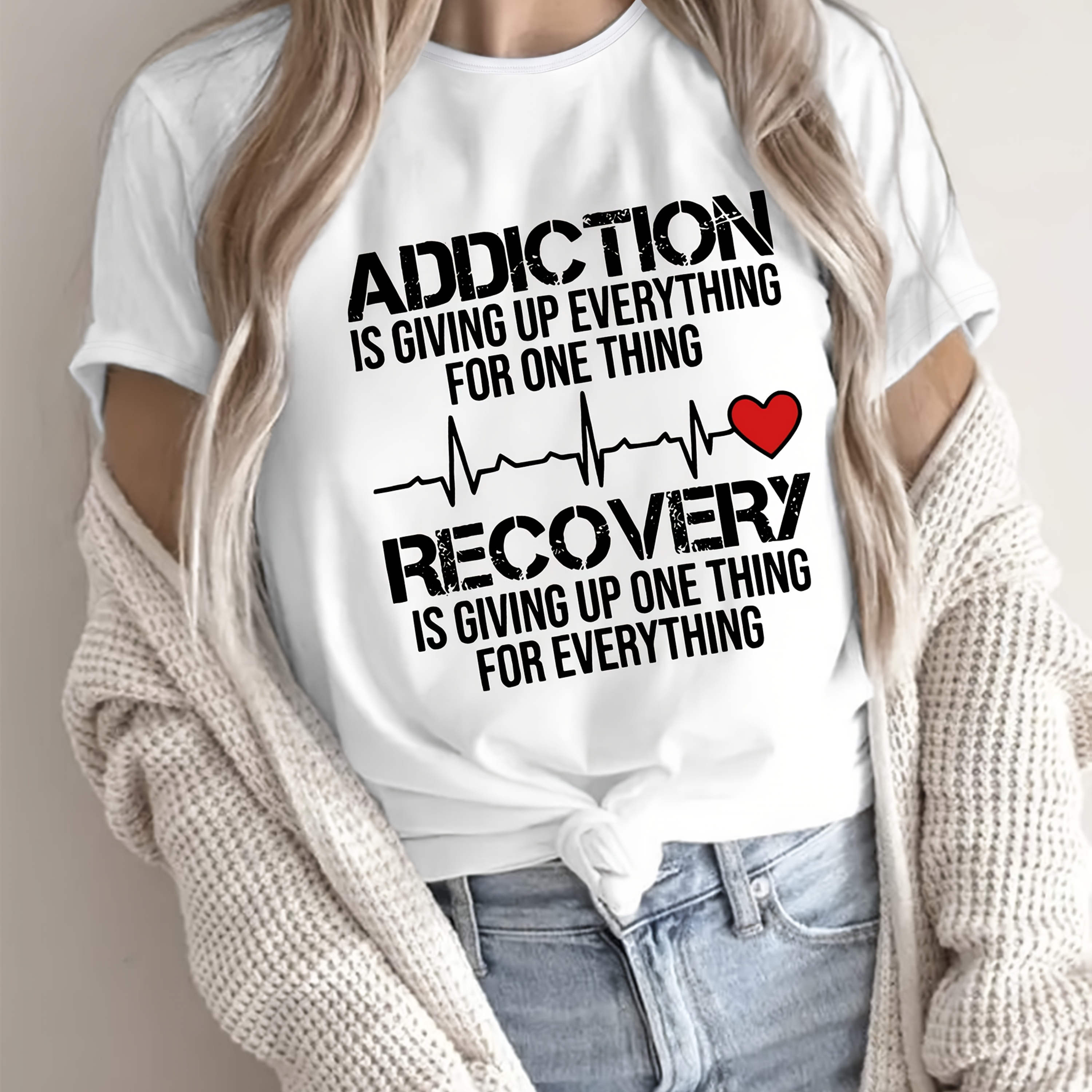 

1pc Recovery Inspirational - Polyester 95%, Spandex 5% Knit Fabric, Crew Neck, Short Sleeve, Regular Length, , , Machine Washable - , Parties, And