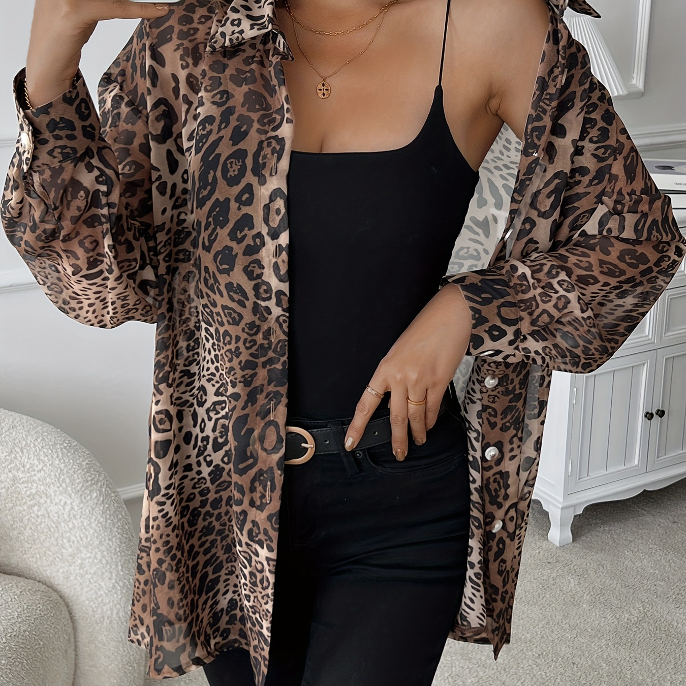 

Leopard Print Button Front Shirt, Elegant Semi-sheer Collared Long Sleeve Shirt For Spring & Fall, Women's Clothing