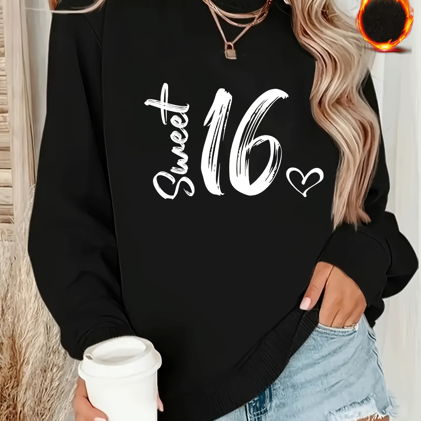 

1pc Polyester Sweatshirt, Crew Neck, Stretch, Alphabet Pattern, Knit Fabric Pullover With "sweet 16" Print For Adults