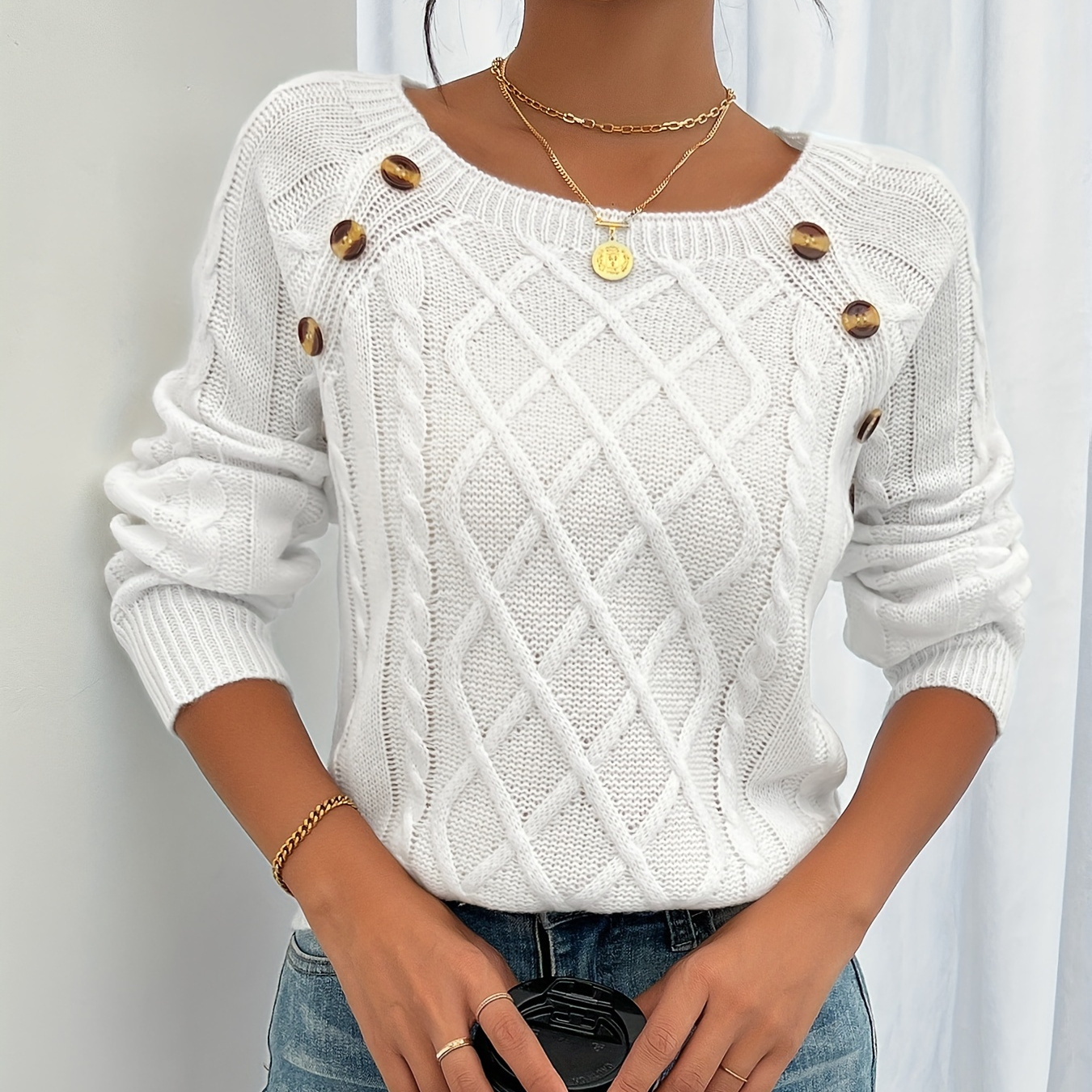 

Cable Knit Button Decor Sweater, Casual Long Sleeve Crew Neck Sweater For Fall & Winter, Women's Clothing