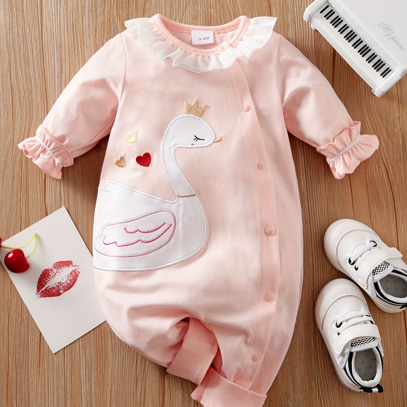 

Baby Girls Cotton Jumpsuits, Long Sleeves Rompers With Swan Print Clothing