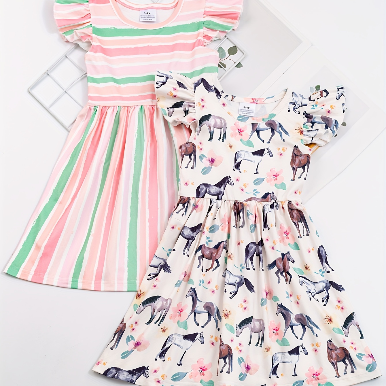 

2pcs Sweet Girls Stripped Dress Cartoon Pony Print Ruffle Trim Dresses For Summer Party Gift