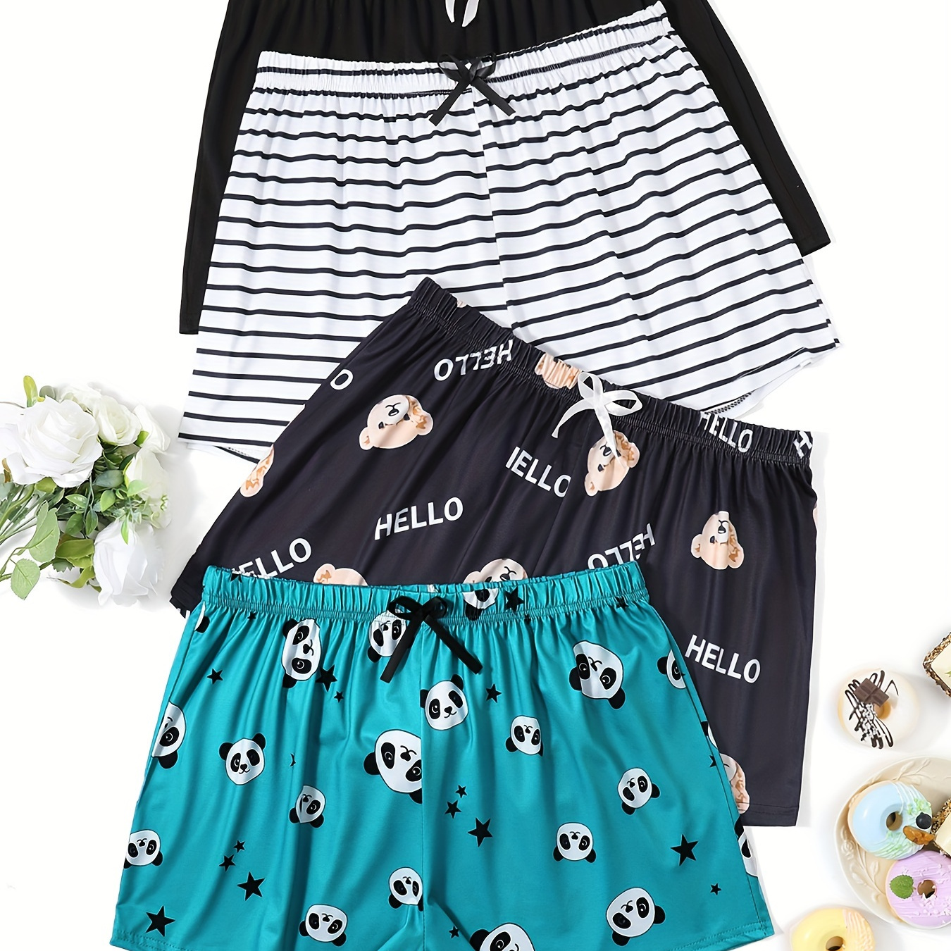 

4pcs Women's Plus Casual Lounge Shorts, Plus Size Cartoon Panda & Bear & Striped Print Bow Elastic Waist Sleep Shorts
