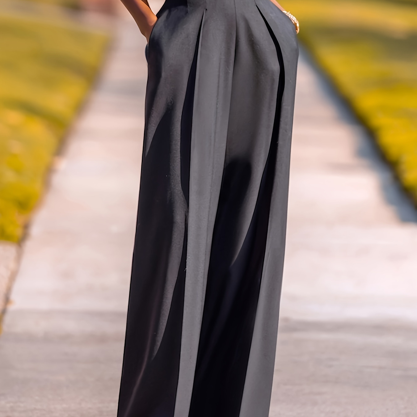 

1pc Women' Color Polyester Suit Pants, Fashionable Professional Casual Wide Leg Trousers With Pockets, Woven Office Wear