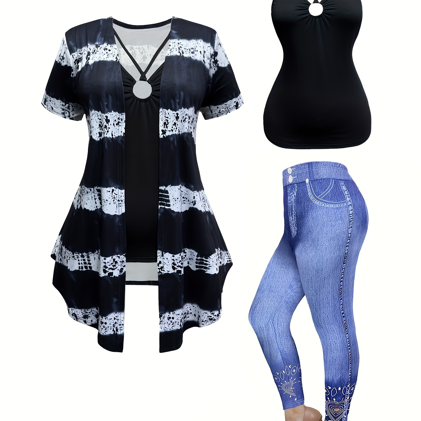 

Plus Size Print -piece Set, Ruched Ring Detail Cami Top & & Short Sleeve Open Front Top & Skinny Pants Outfits, Women's Plus Size Clothing