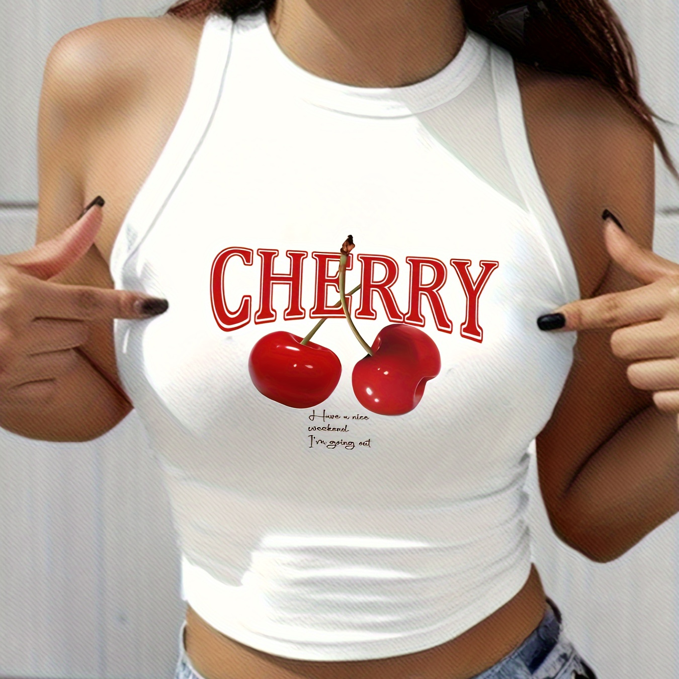 

Cherry Print Crew Neck Tank Top, Vacation Sleeveless Slim Tank Top For Summer, Women's Clothing