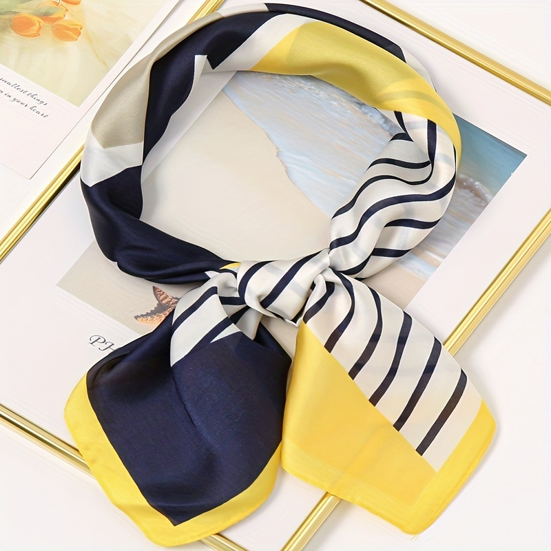 

27.56" Imitation Silk Square Scarf Color Block Stripe Print Satin Shawl Women Sunscreen Windproof Head Wrap Accessories