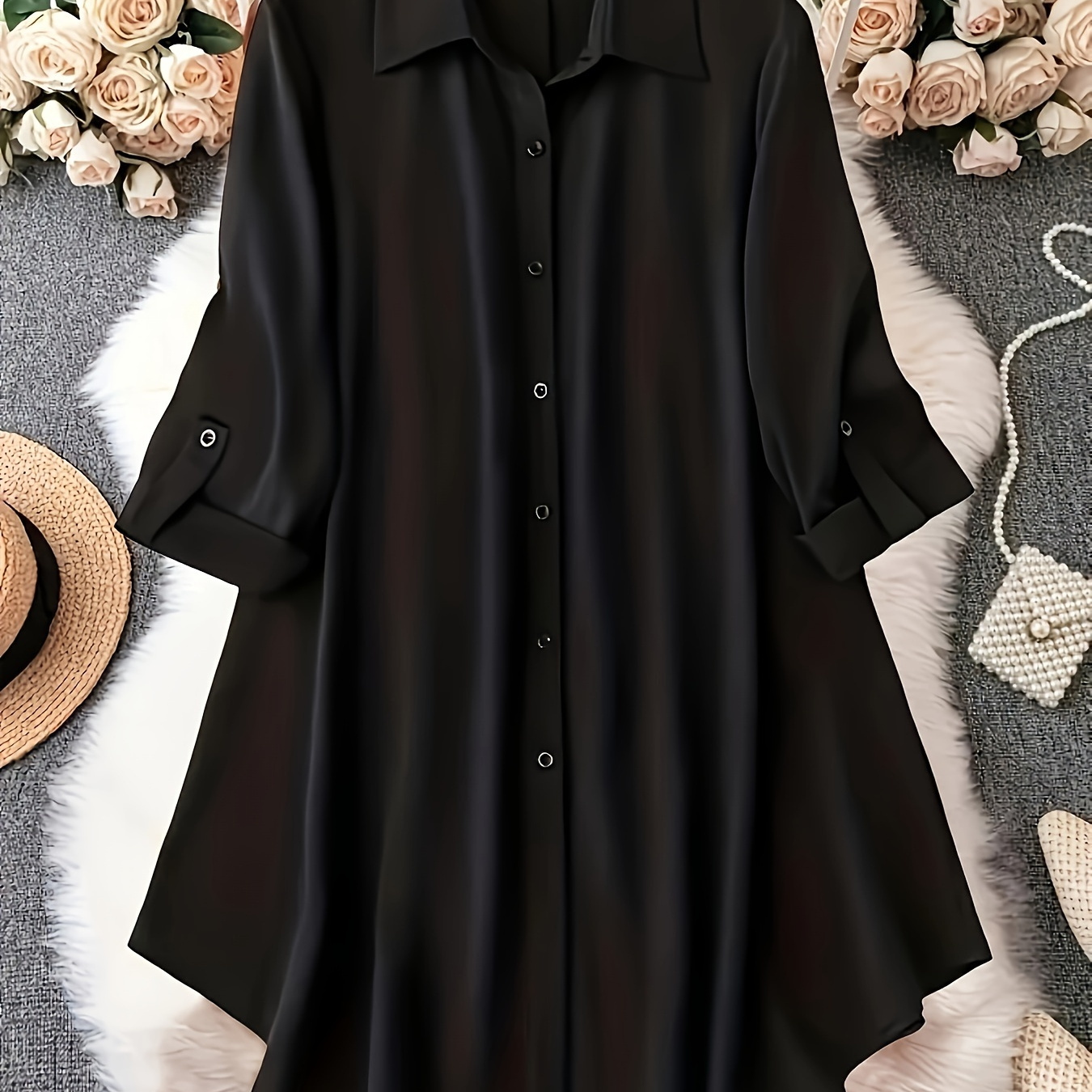

Plus Size Solid Button Front Blouse, Elegant Lapel Neck Long Sleeve Loose Blouse For Spring & Summer, Women's Plus Size Clothing