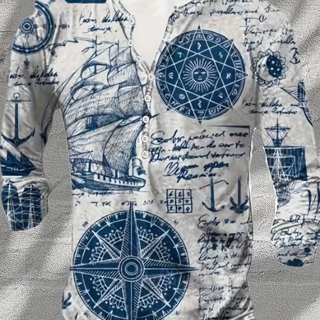 

Sailboat And Compass Print Men's Vintage Comfy Stretch Long Sleeve Henley Shirt, Spring Fall, Gift For Men