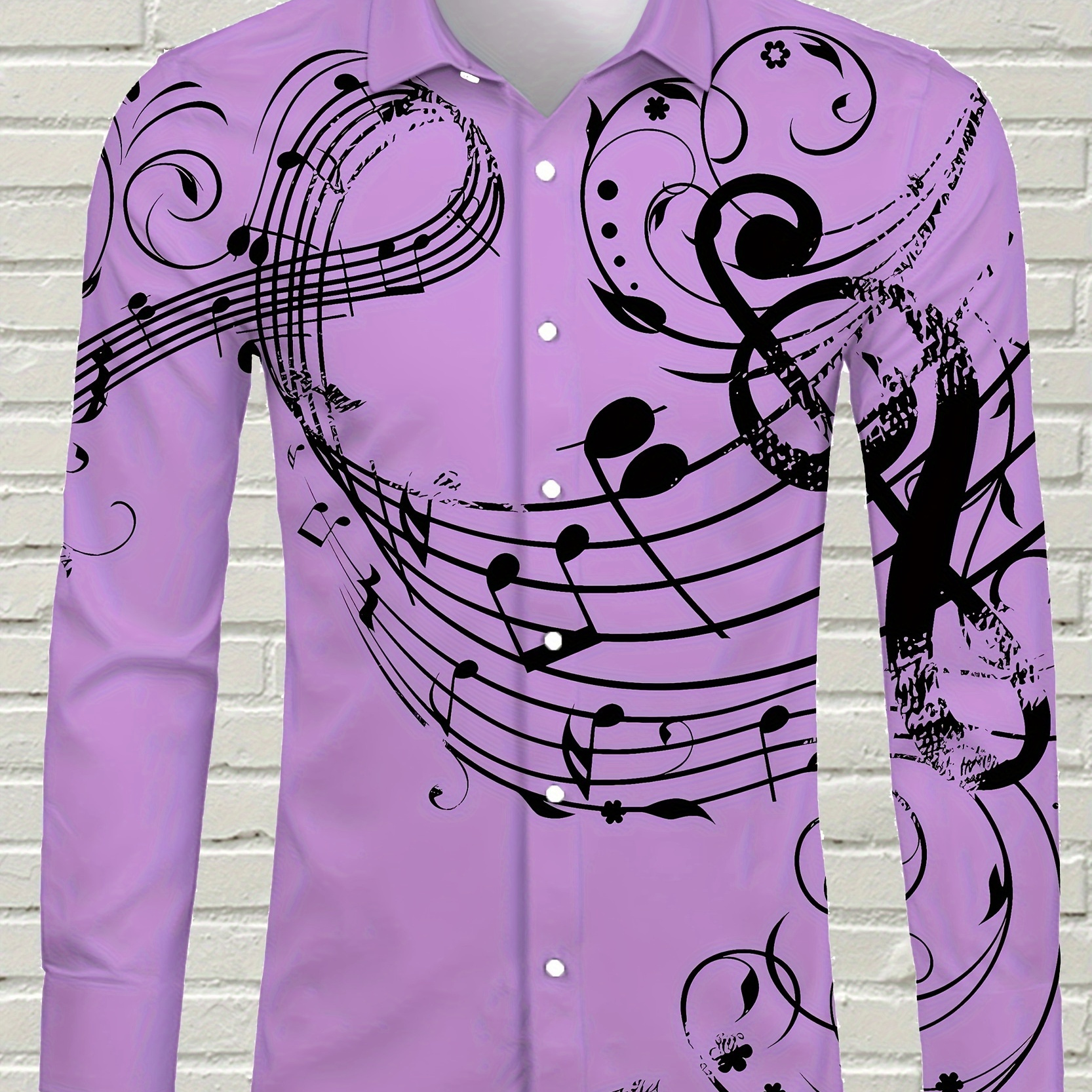 

Music Notes Print Men's Stylish Long Sleeve Button Up Shirt, Spring Fall Outdoor