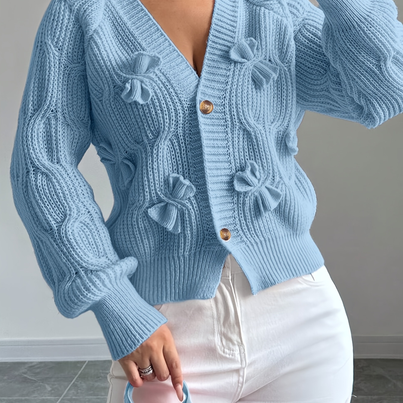 

Elegant Women's 3d Bow Long Sleeve Knitted Cardigan