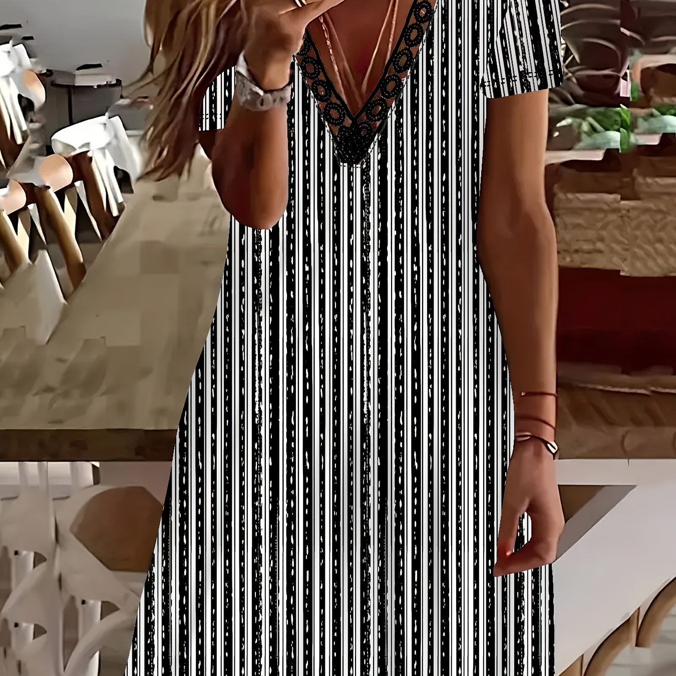 

Plus Size Striped Print Dress, Casual Lace Trim V Neck Short Sleeve Dress, Women's Plus Size clothing