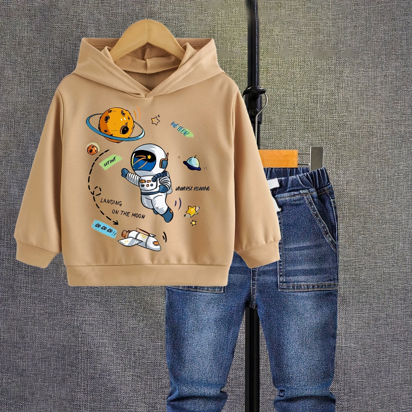 

Casual Long Sleeve Hoodie & Joggers Set, Cartoon Outer Space Pattern, 2-piece Boys Co Ord Set For Spring Fall