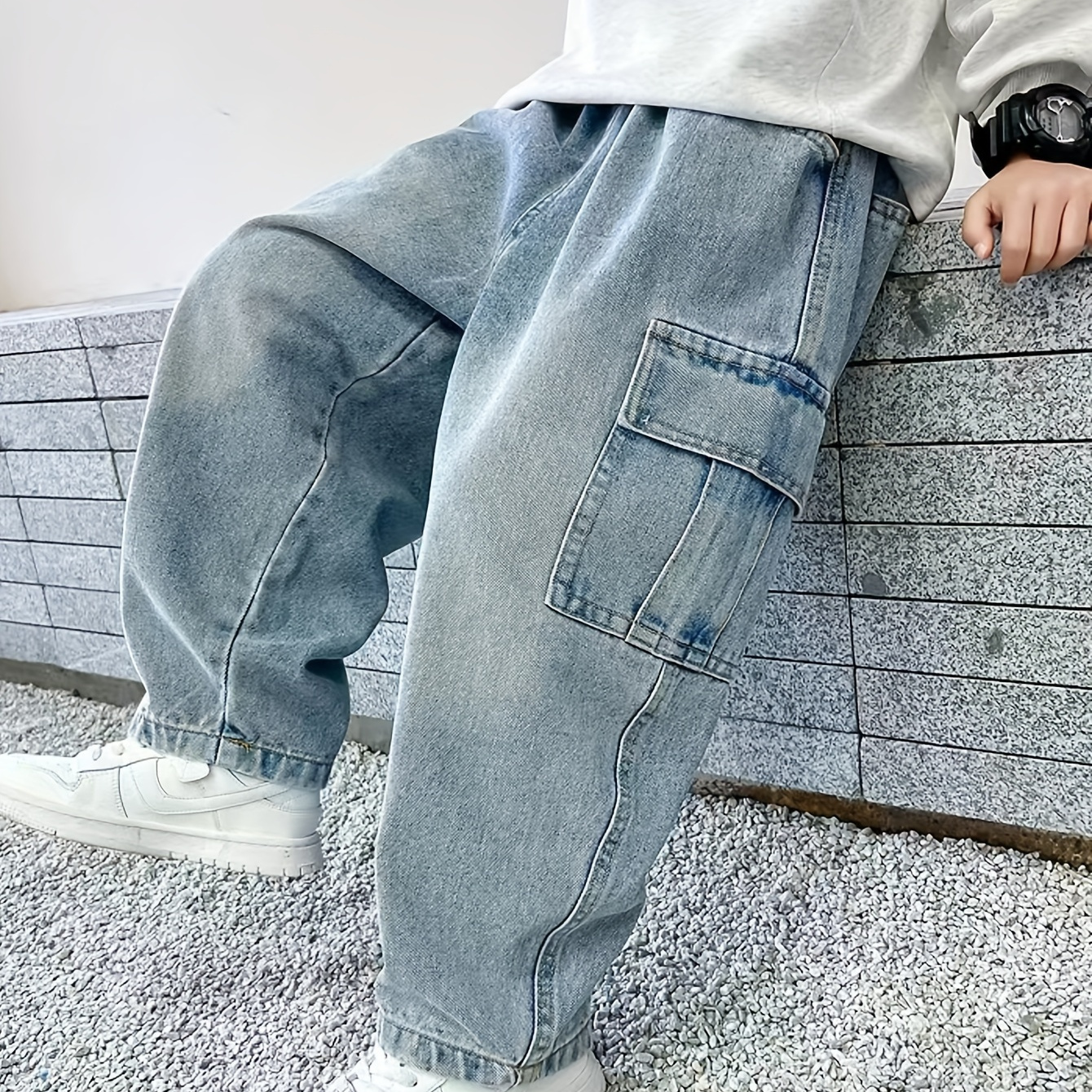 

Boys Trendy Baggy Cargo Pants, Elastic Waist Long Pants With Pockets, Boys Clothes Outdoor