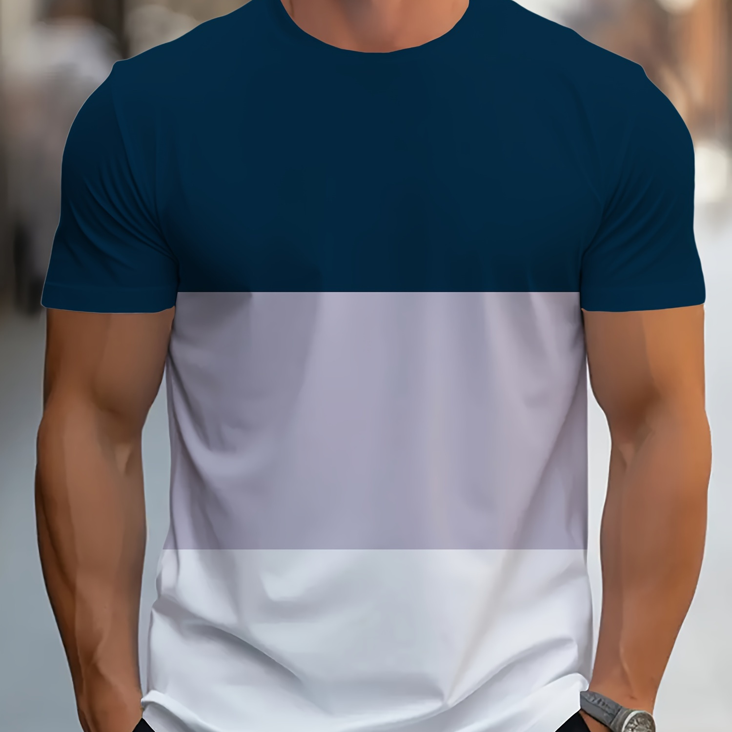 

Men's Contrast Color Stripe Pattern Crew Neck And Short Sleeve T-shirt, Quick Dry And Breathable Tops For Summer Outdoors Activities