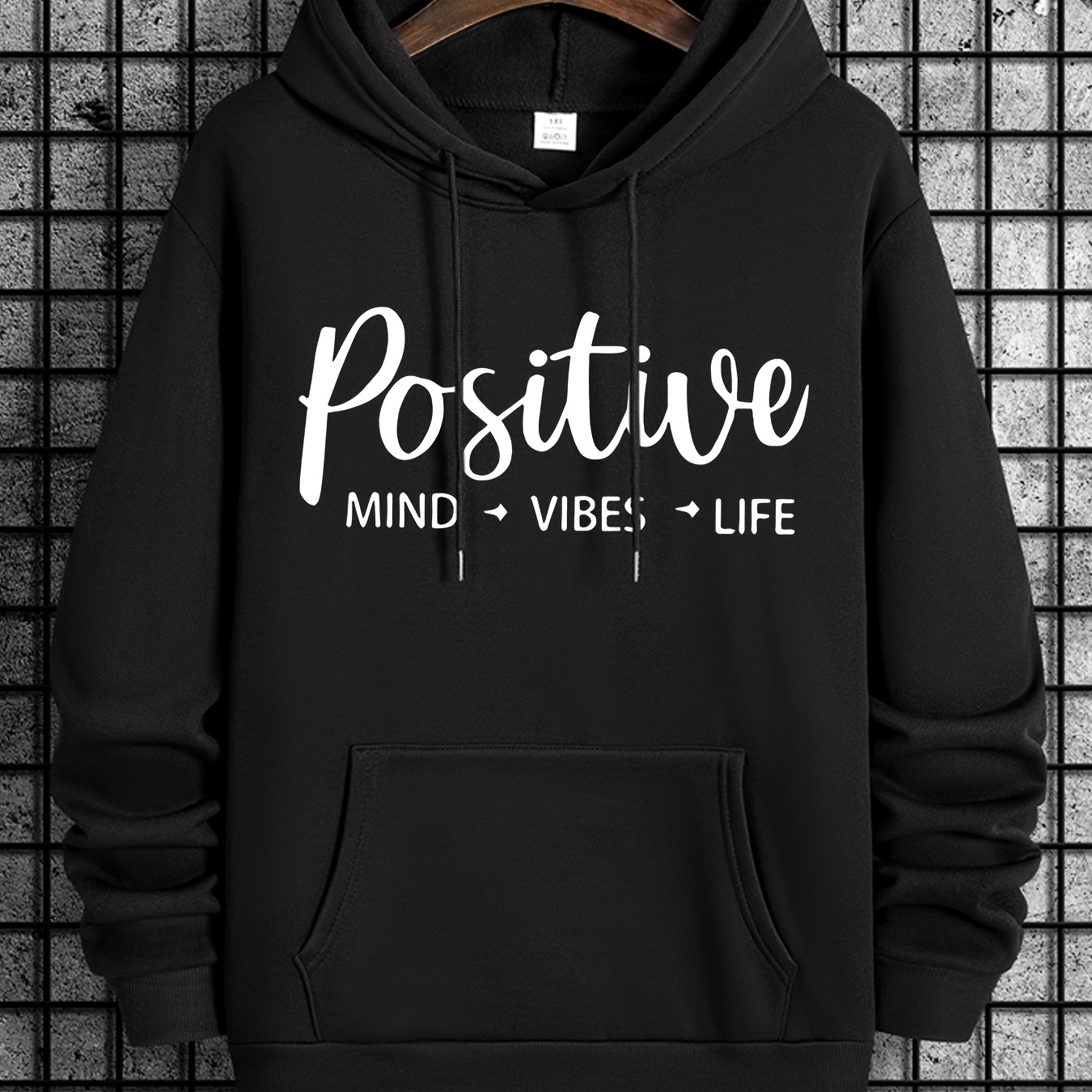 

Men's Plus Size Hooded Sweatshirt With Positive Letter Print - Casual Drawstring Pullover, Comfortable All-match Long Sleeve Hoodie For Autumn And Winter