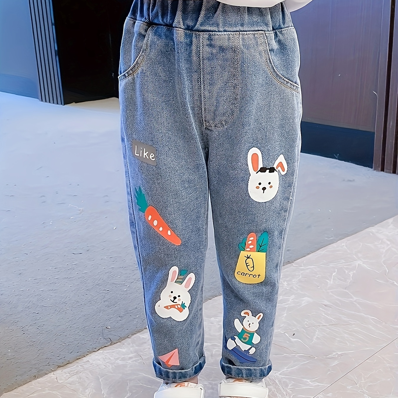 

Girls Jeans Straight Leg Regular Long Love Rabbit Pattern Suitable For Outdoors And Festivals 4