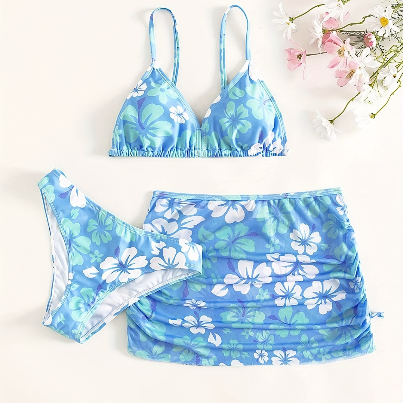 

Blue Floral Print Stretchy 3 Piece Set Swimsuits, Spaghetti Strap V Neck Bikini & Ruched Wrap Skirt, Women's Swimwear & Clothing