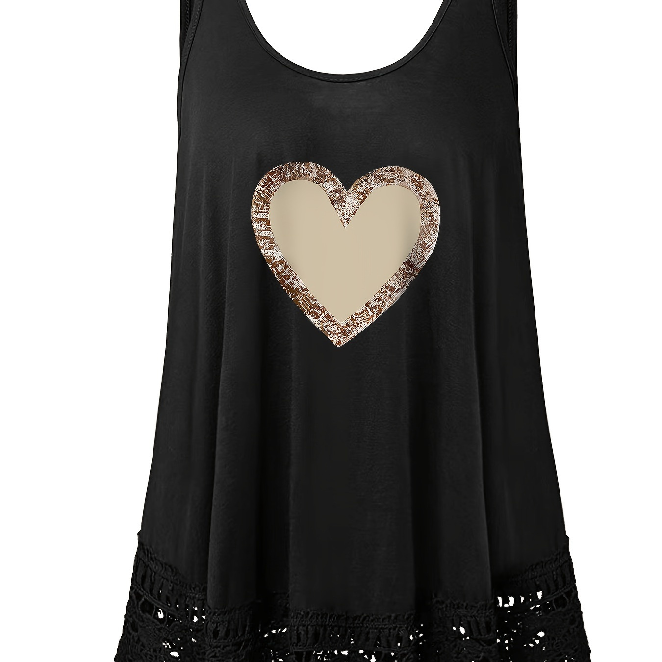

Plus Size Heart Print Tank Top, Casual Lace Stitching Sleeveless Crew Neck Top For Spring & Summer, Women's Plus Size Clothing