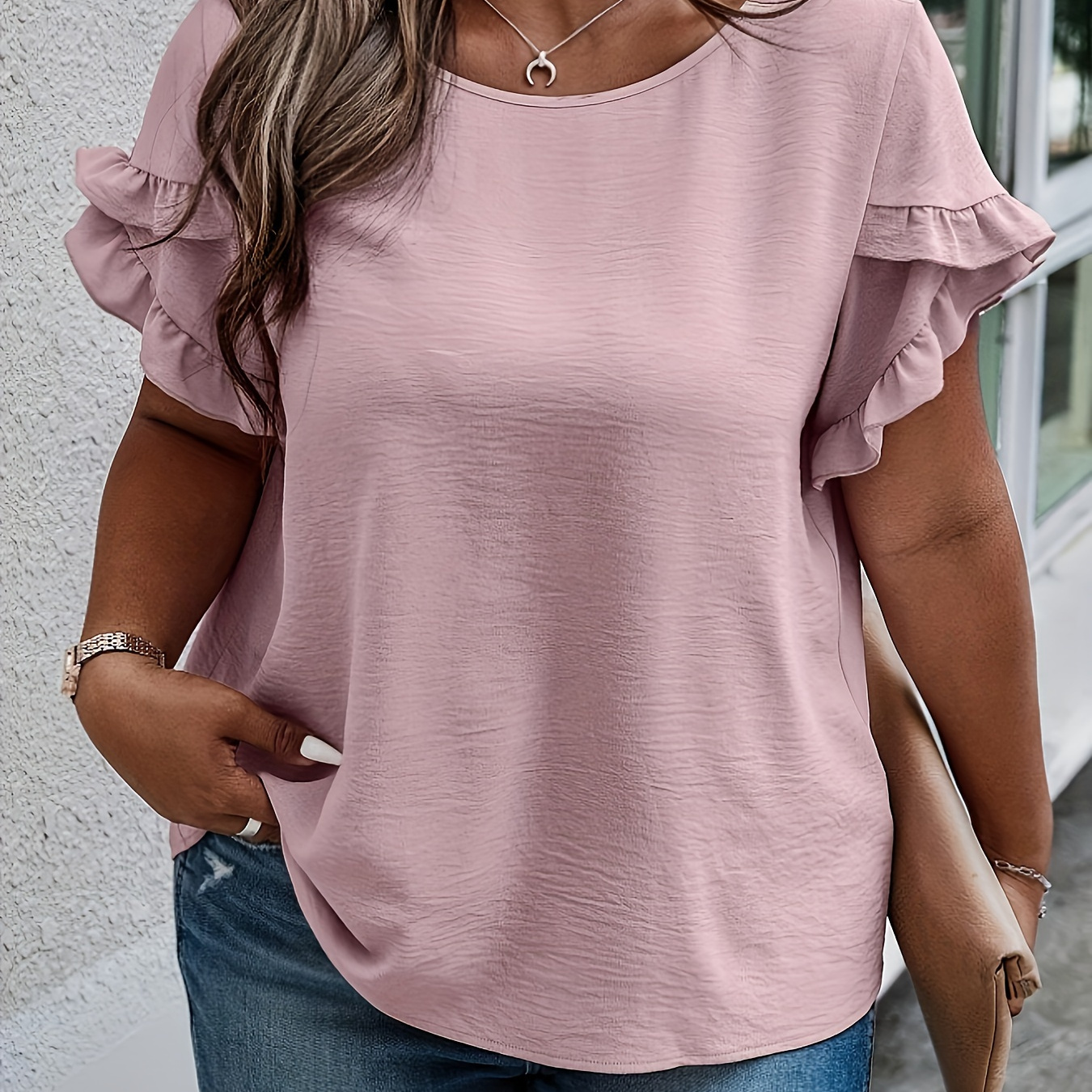 

Plus Size Solid Crew Neck Blouse, Casual Ruffle Trim Short Sleeve Blouse For Spring & Summer, Women's Plus Size Clothing