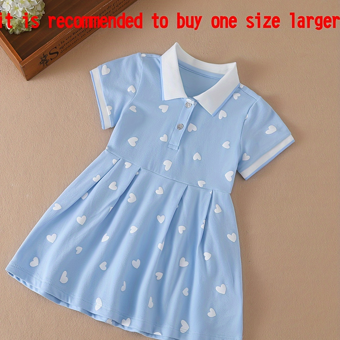 

Girls Sporty Casual Hearts Full Print Button Lapel Short Sleeve Comfy A-line Dress, 96% Cotton